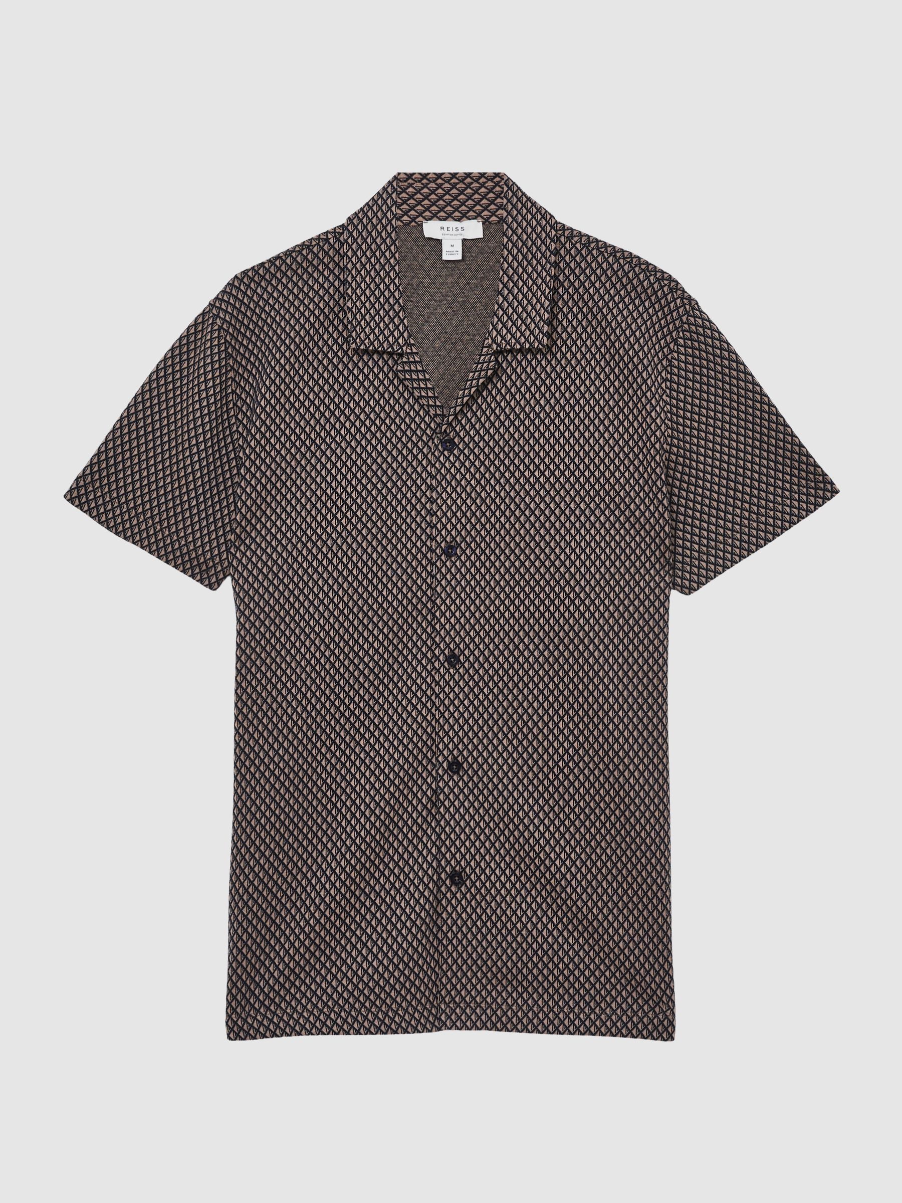 Geometric Jacquard Cuban-Collar Shirt in Tobacco Brown/Navy