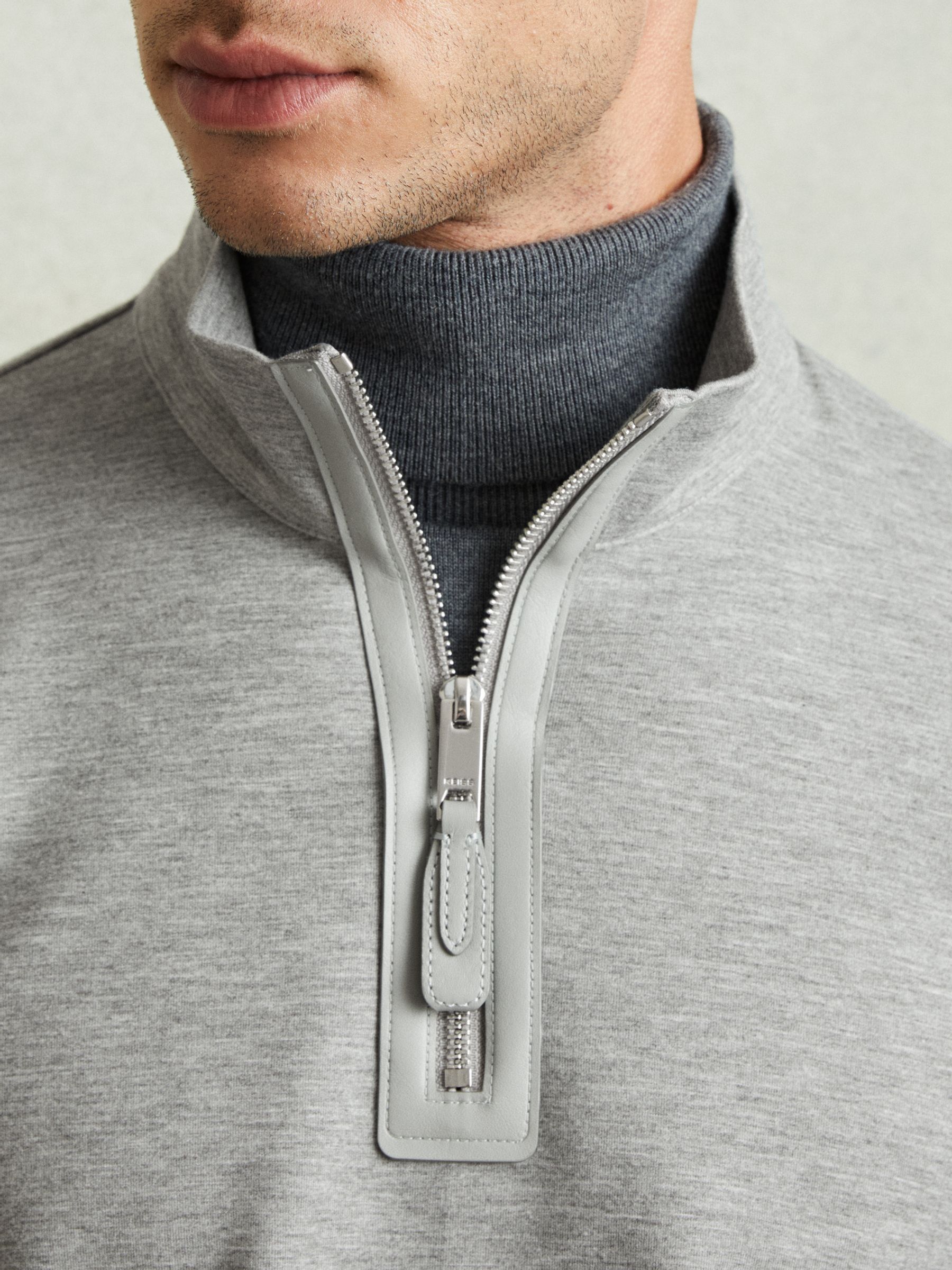 Leather-Placket Interlock-Jersey Sweatshirt in Grey Melange