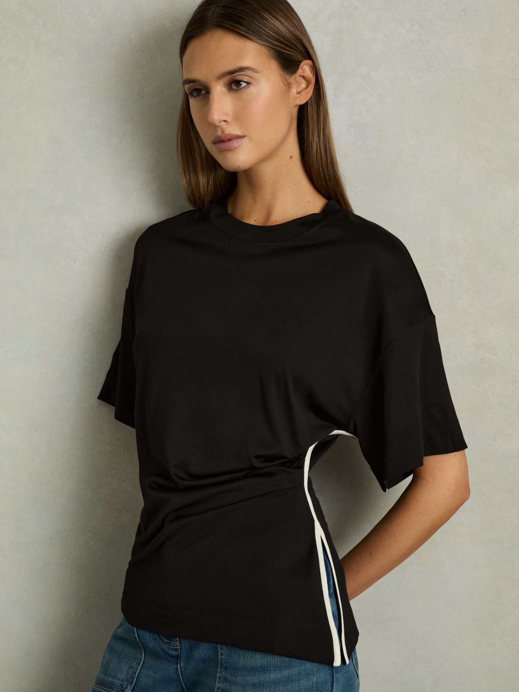 Draped Crew-Neck T-Shirt With Cotton in Cream/Black