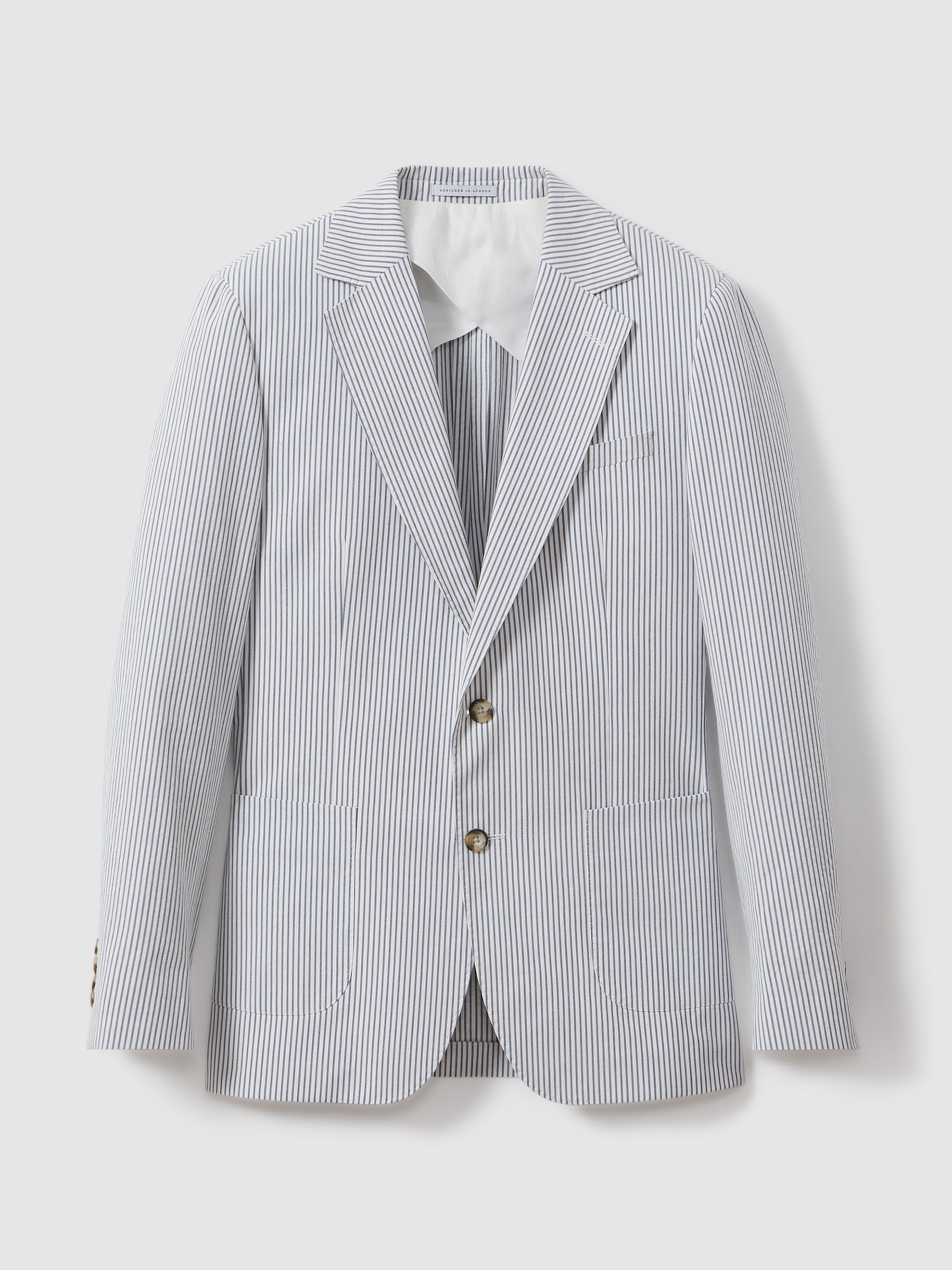 Barr Soft Blue/White Cotton Seersucker Single Breasted Slim Fit Blazer