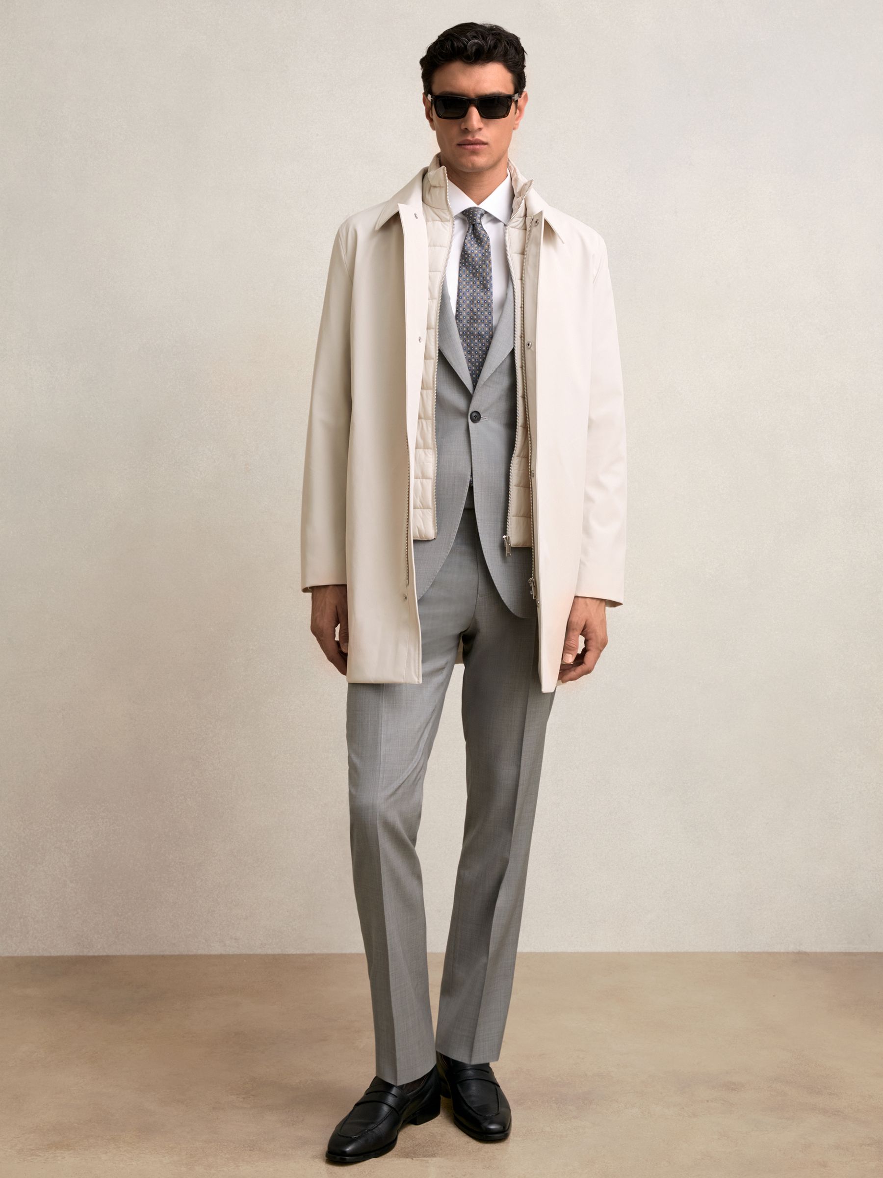 Hybrid Removable Funnel Neck Overcoat in Light Stone