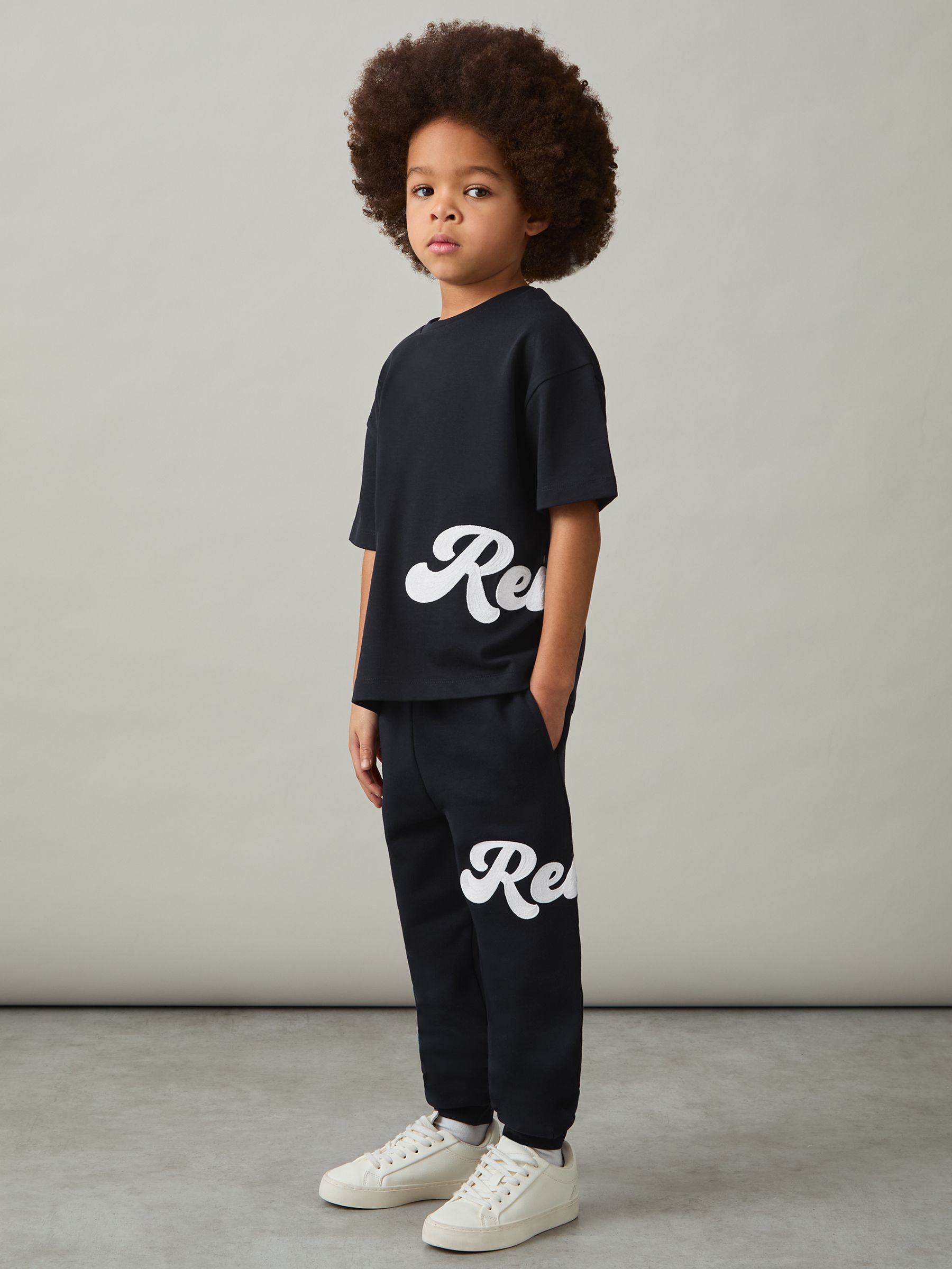 3-9 yrs Cotton Script-Logo Oversized T-Shirt in Navy