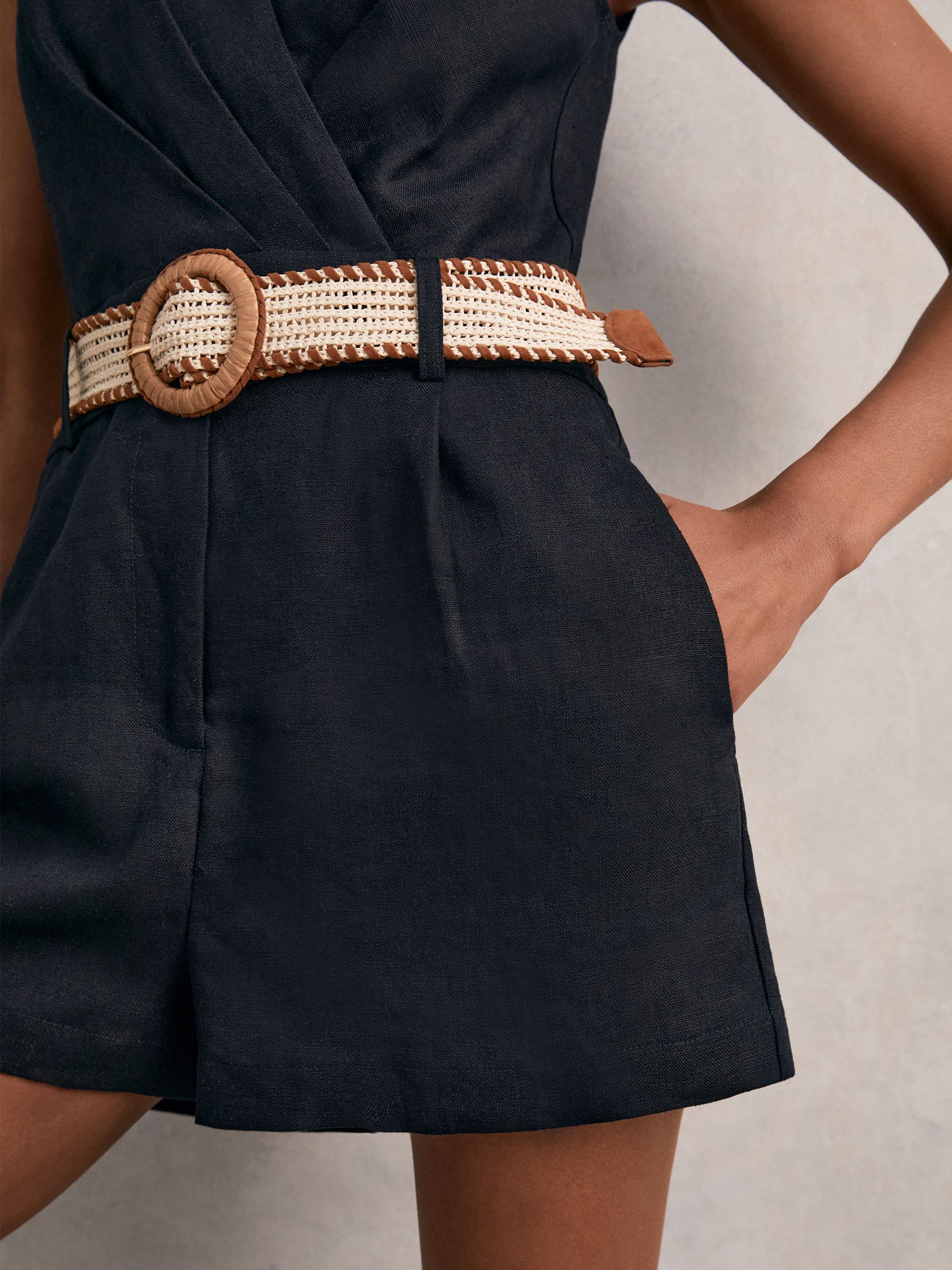 Linen Belted Sleeveless Wrap Playsuit in Navy