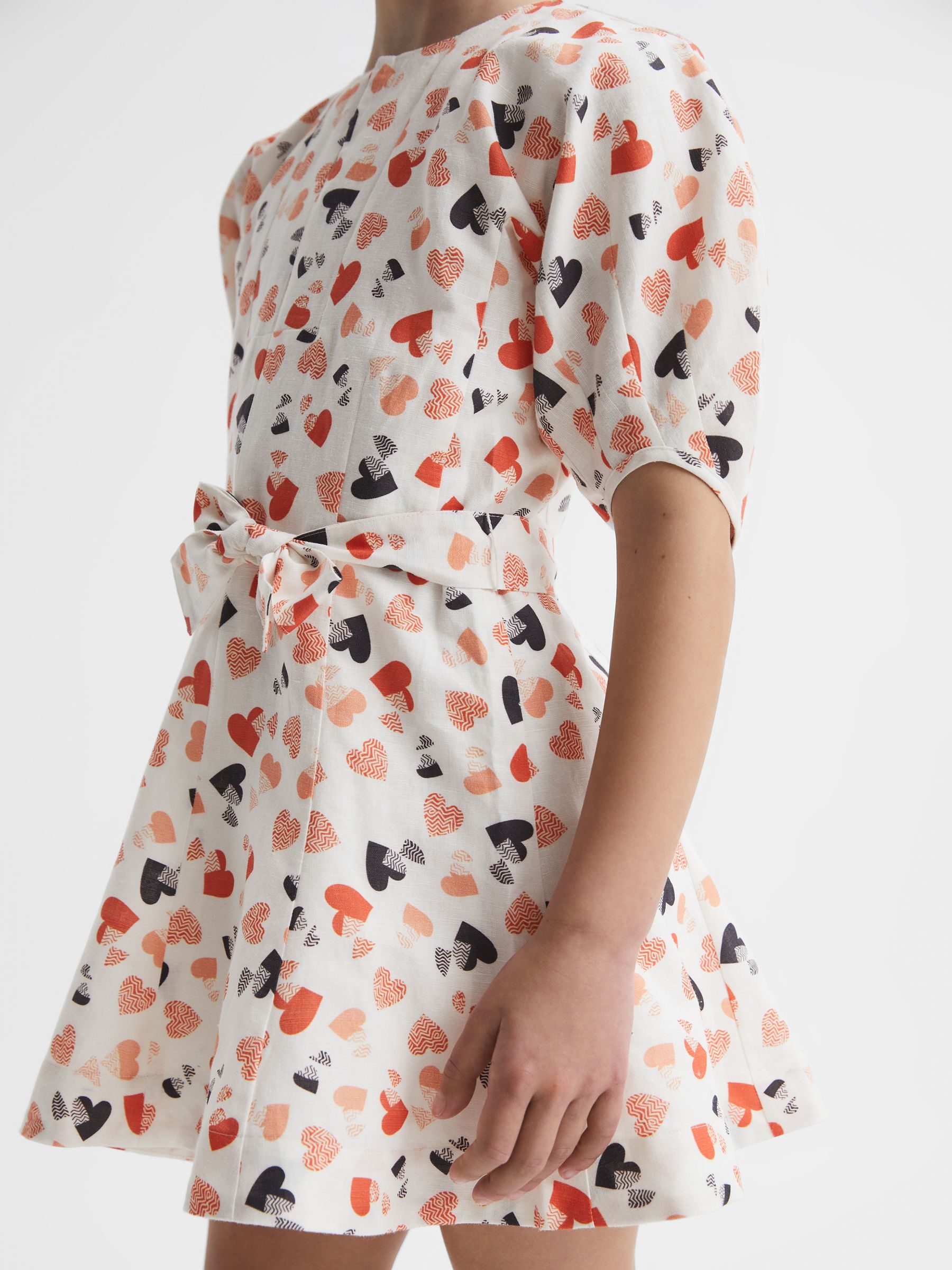 9-12 yrs Heart Print Linen Mini Dress in Ivory Print
