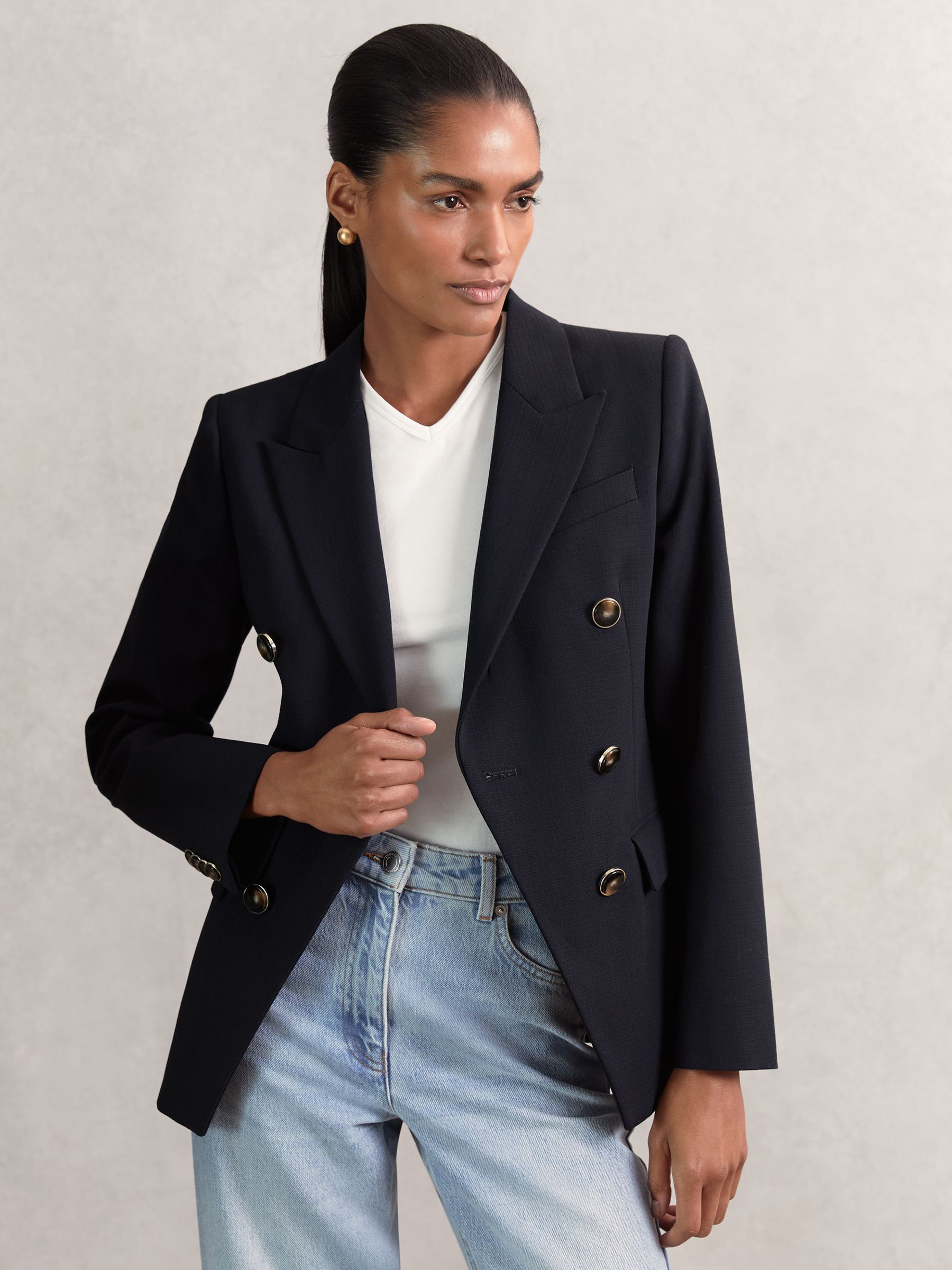Wool-Blend Double-Breasted Blazer in Navy