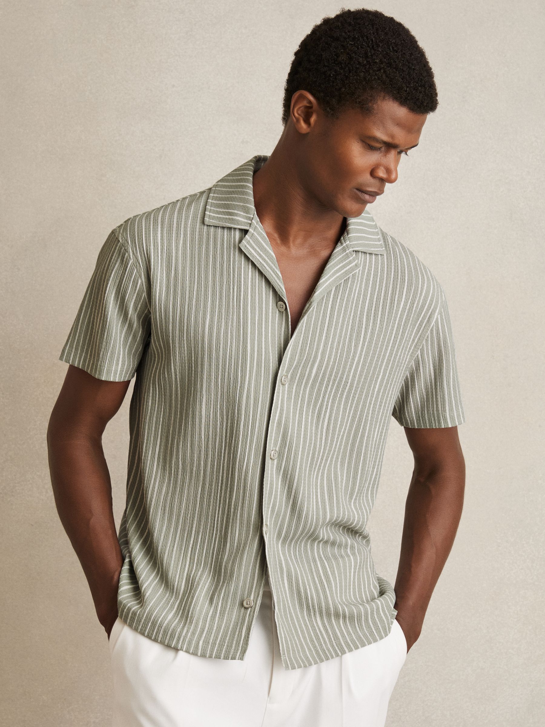 Textured Stripe Cuban Collar Shirt in Sage/White