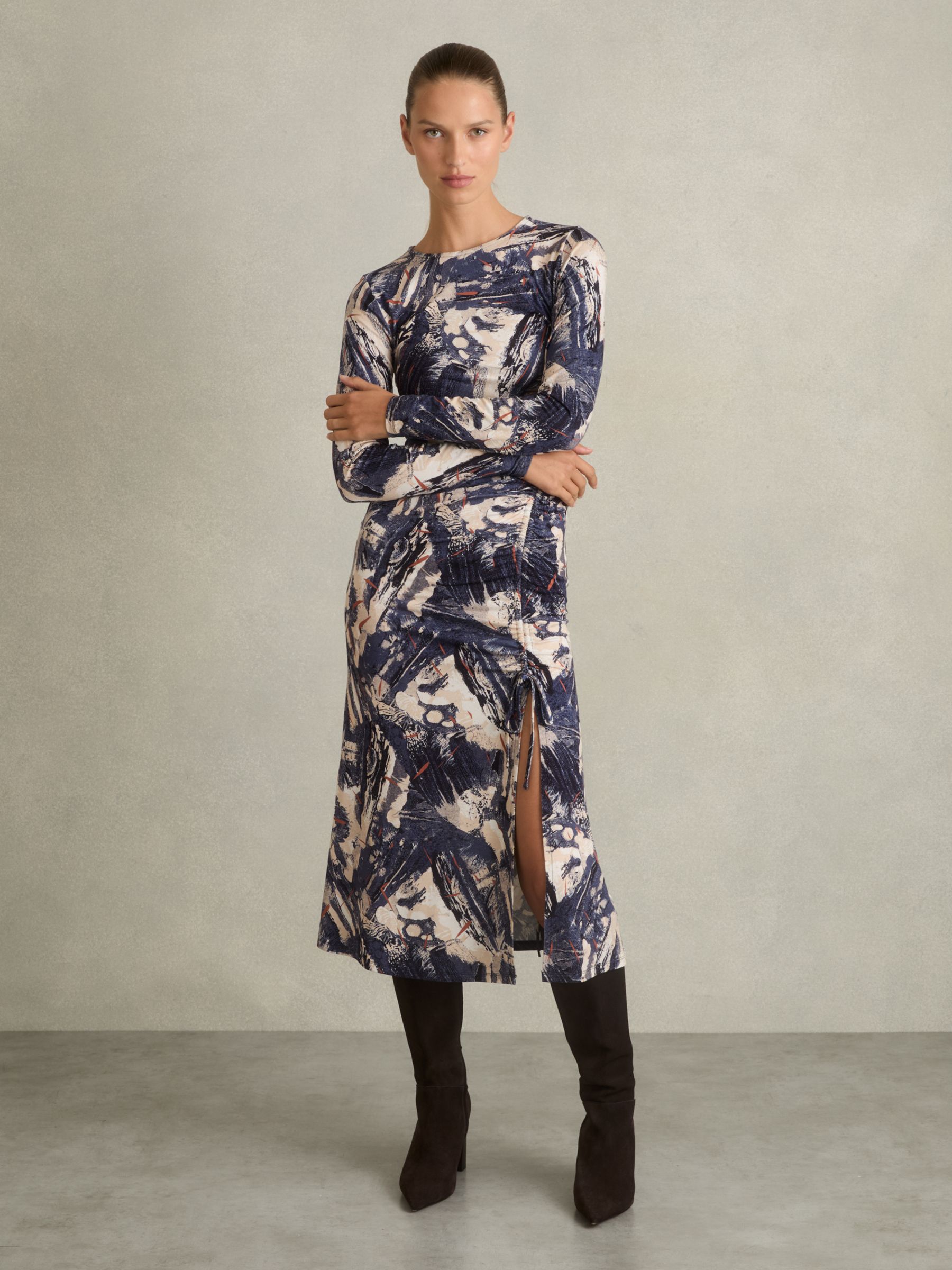 Printed Ruched Midi Dress in Navy/Neutral