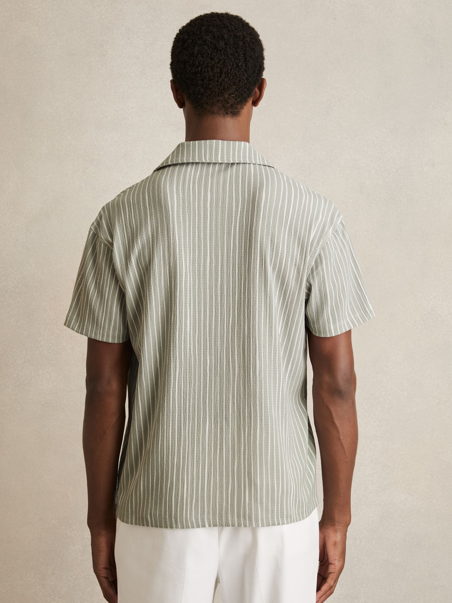 Textured Stripe Cuban Collar Shirt in Sage/White