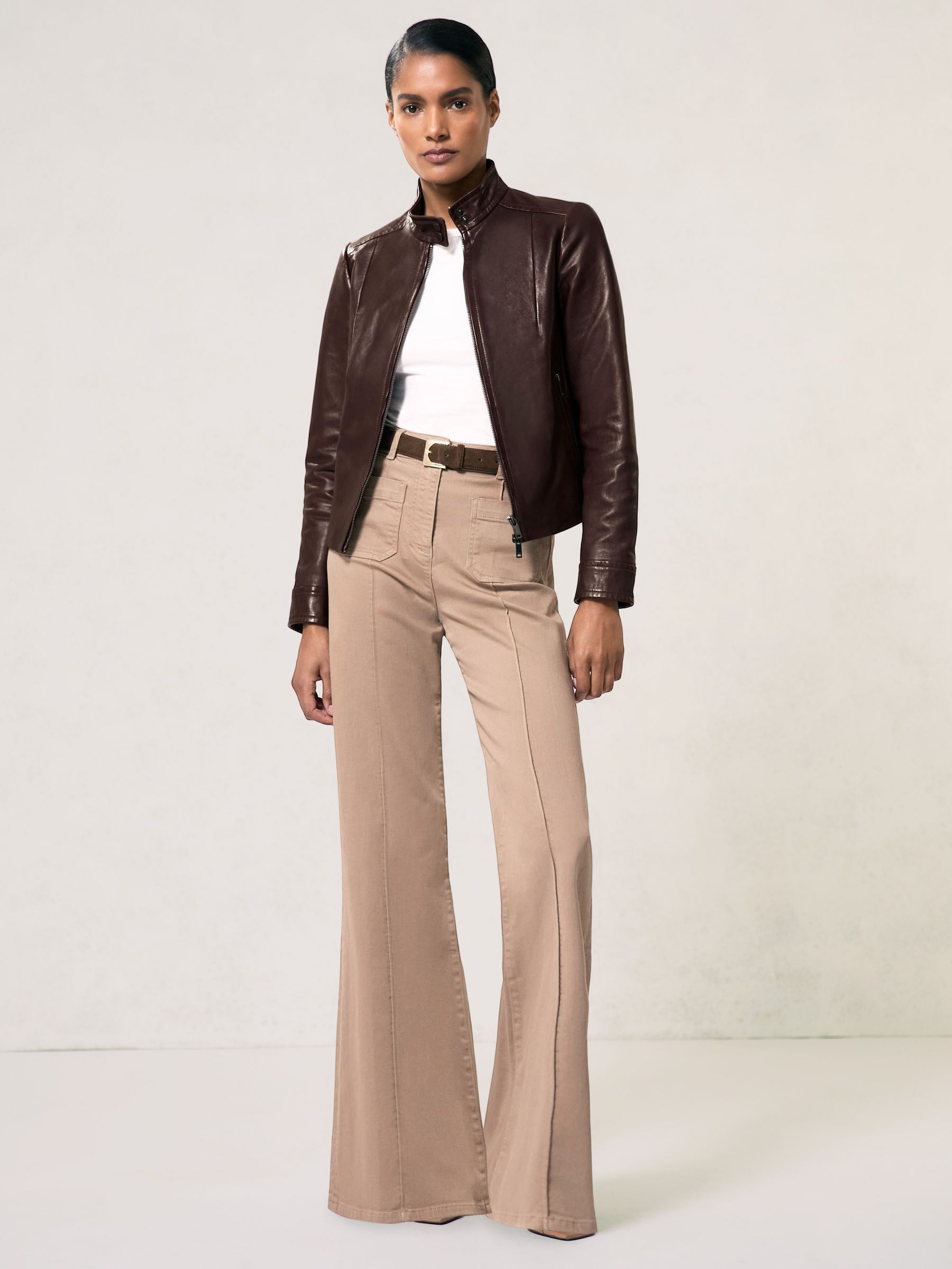 Fitted Leather Biker Jacket in Burgundy