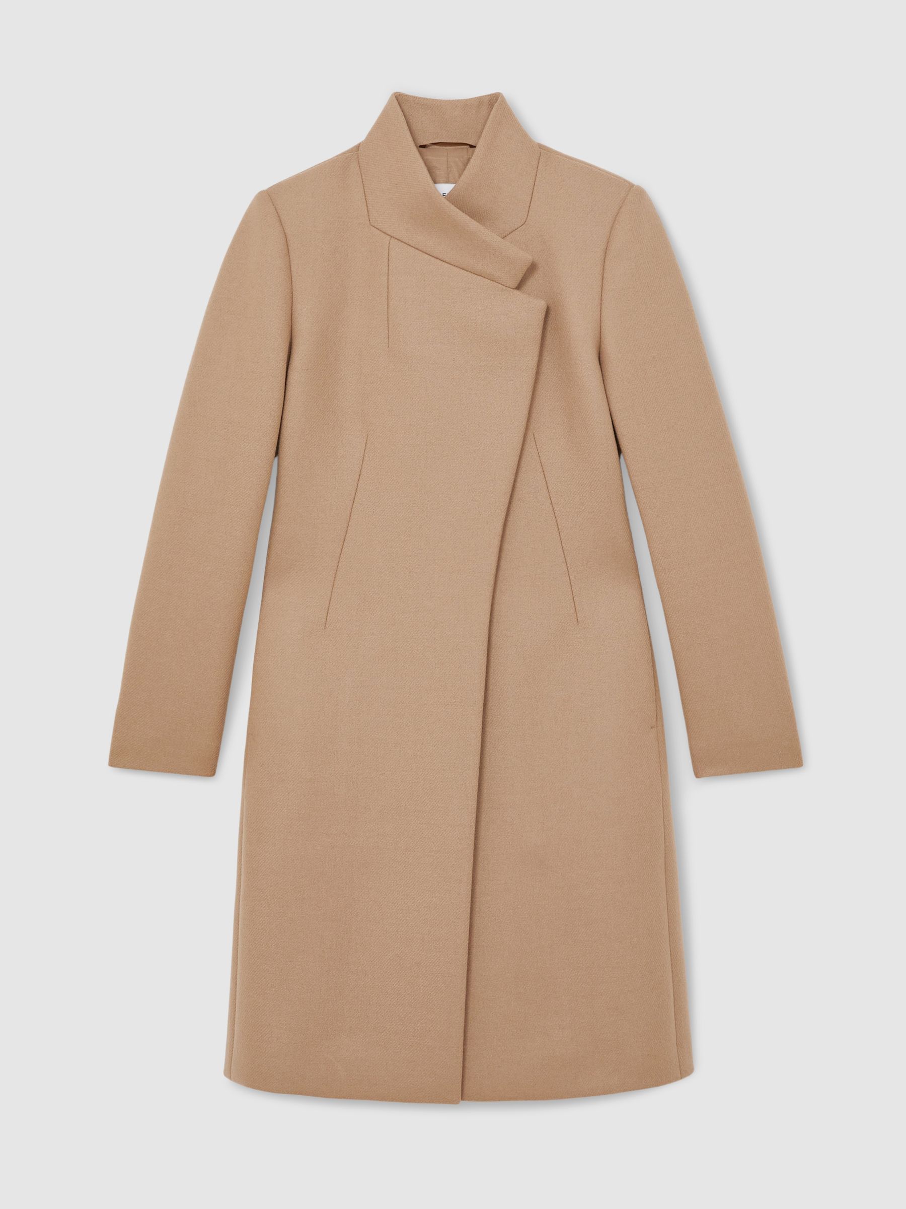 Wool-Blend Wrapover Mid-Length Coat in Camel