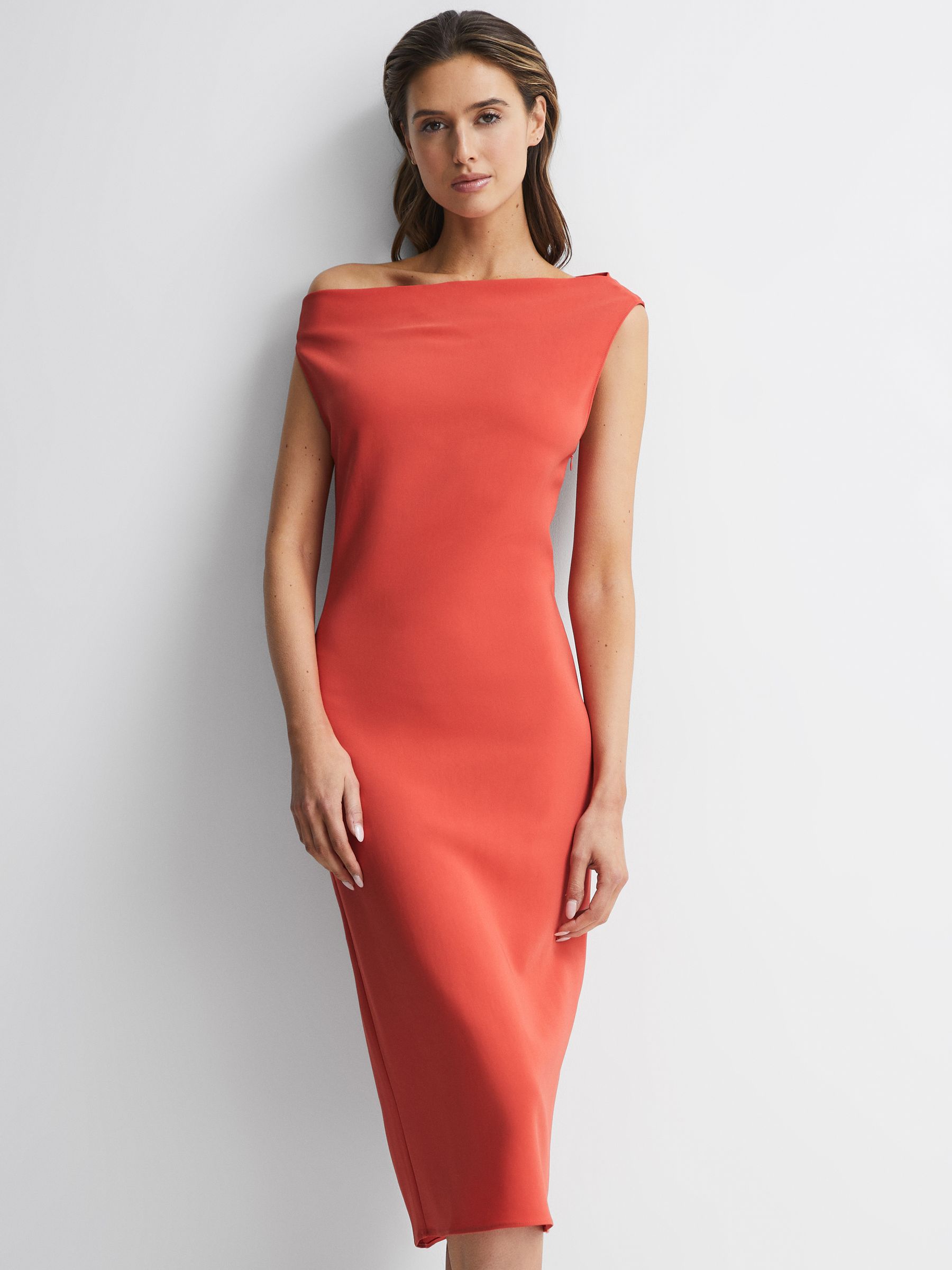 Off-Shoulder Bodycon Midi Dress in Coral
