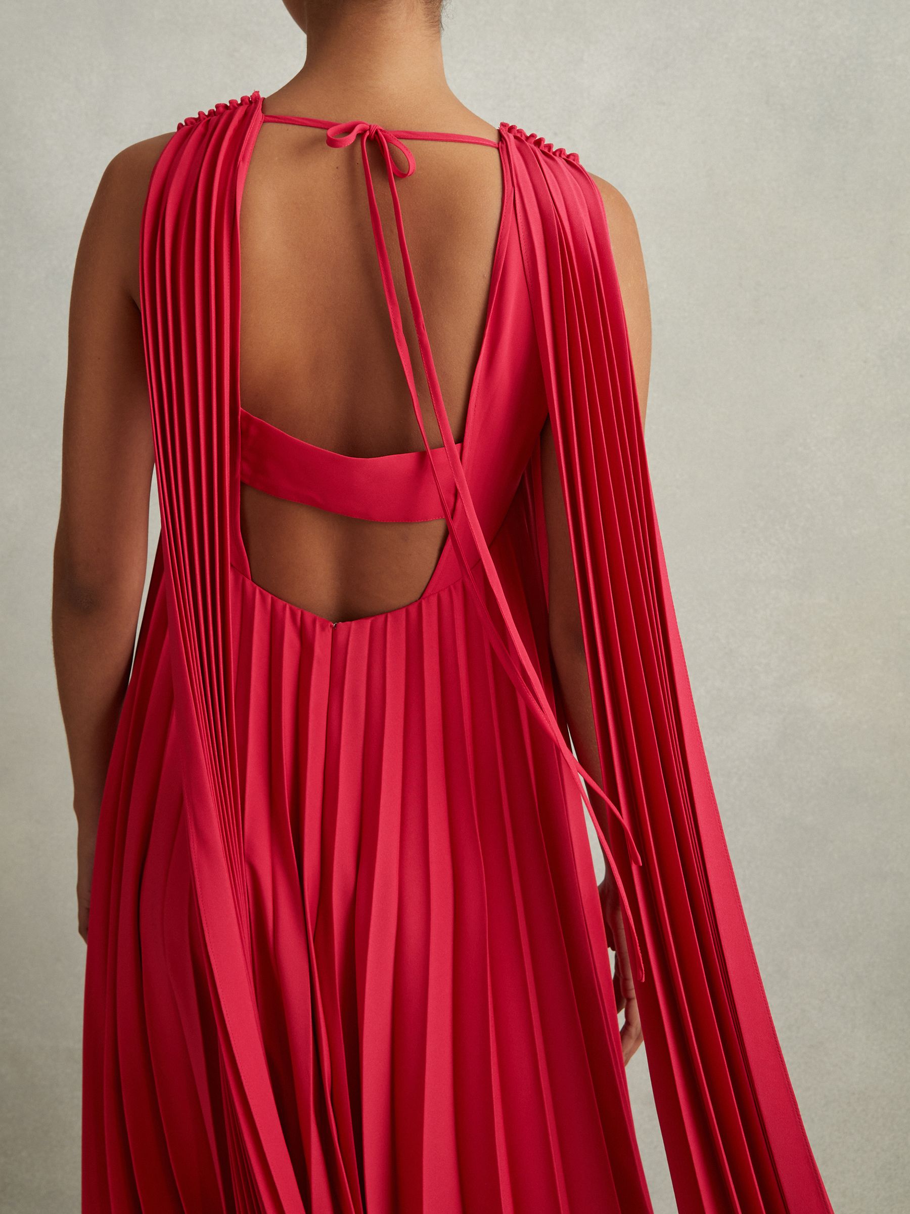 Pleated Cape Sleeve Midi Dress in Coral