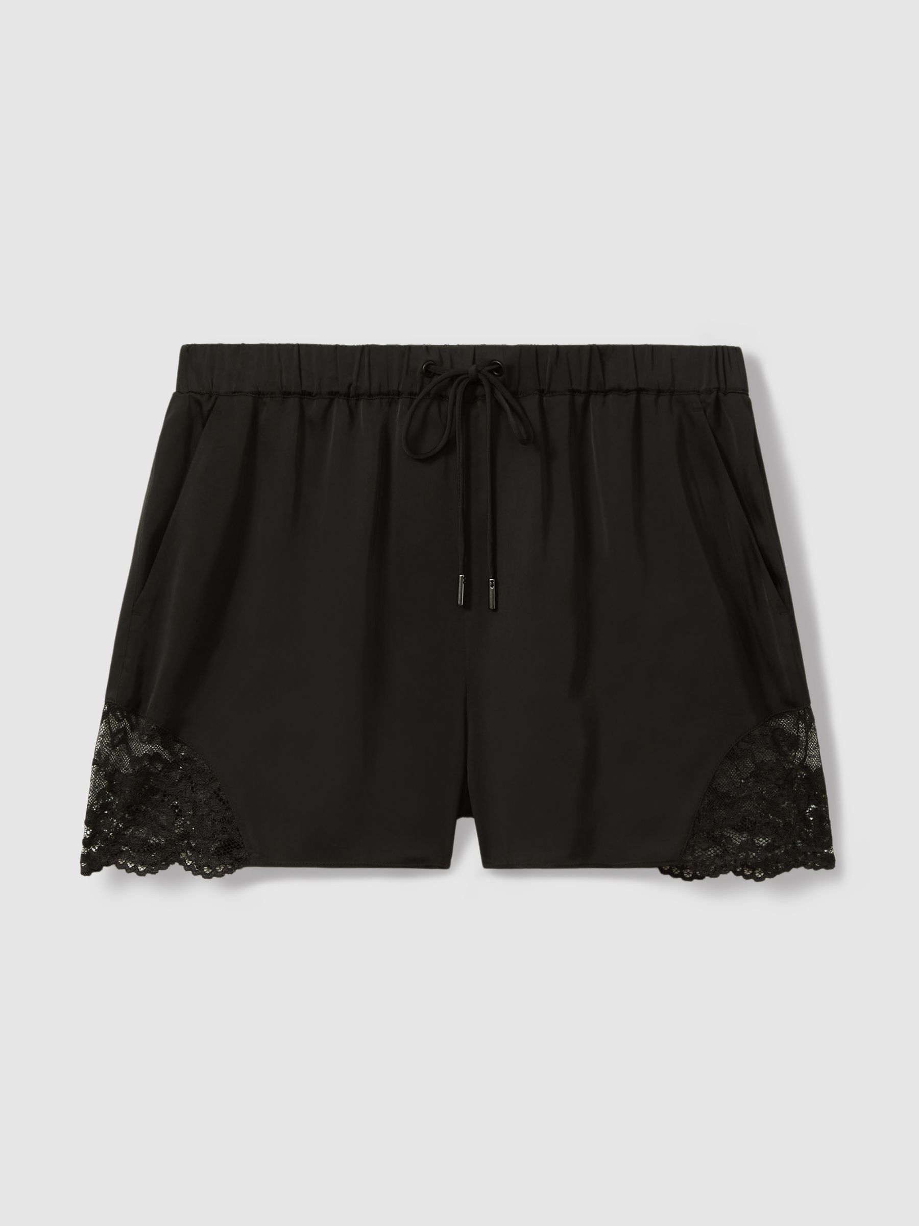Viscose Satin Lace Trim Shorts in Black
