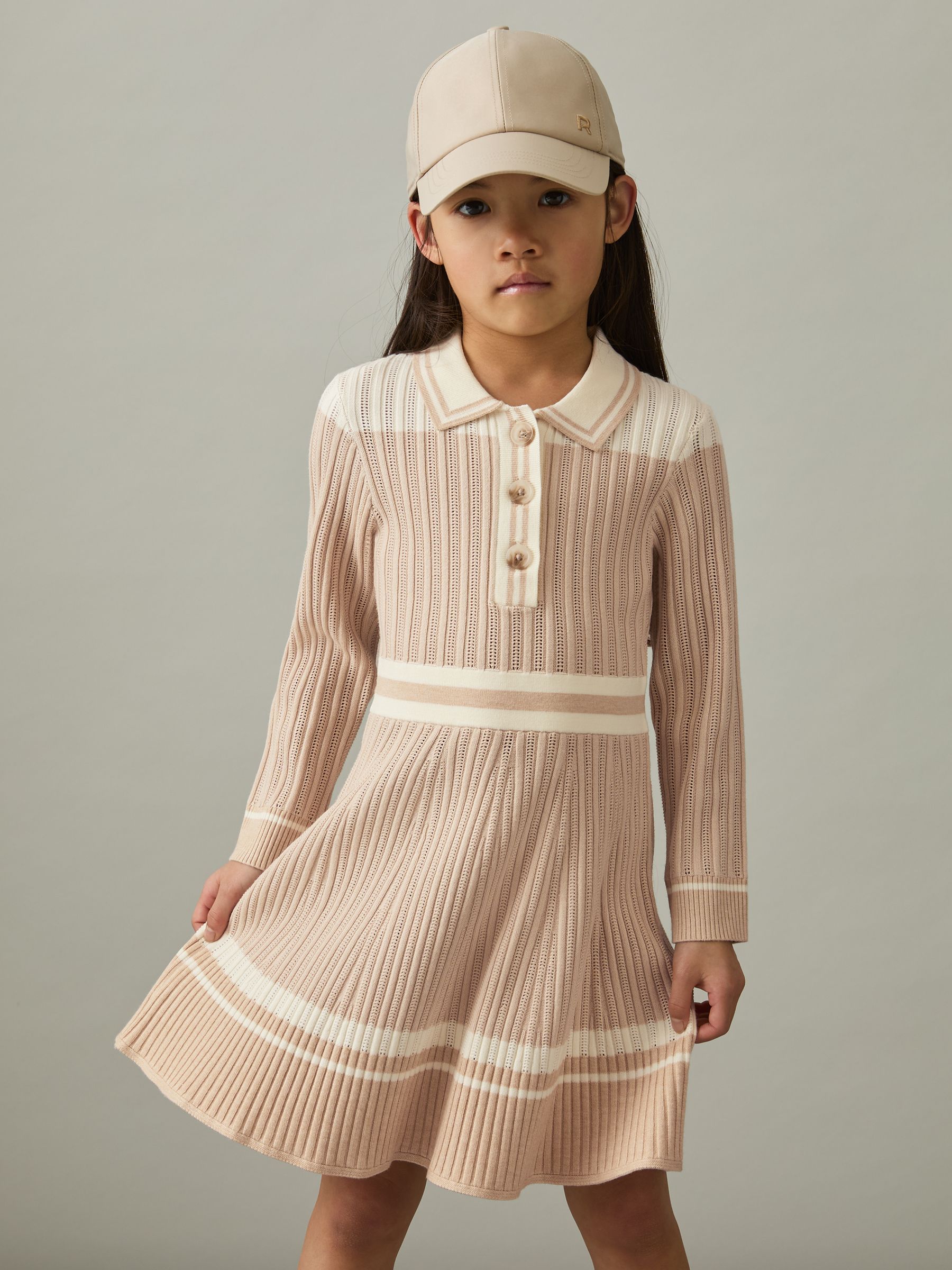 9-13 yrs Rib-Knit Pointelle Flared Dress in Pale Pink