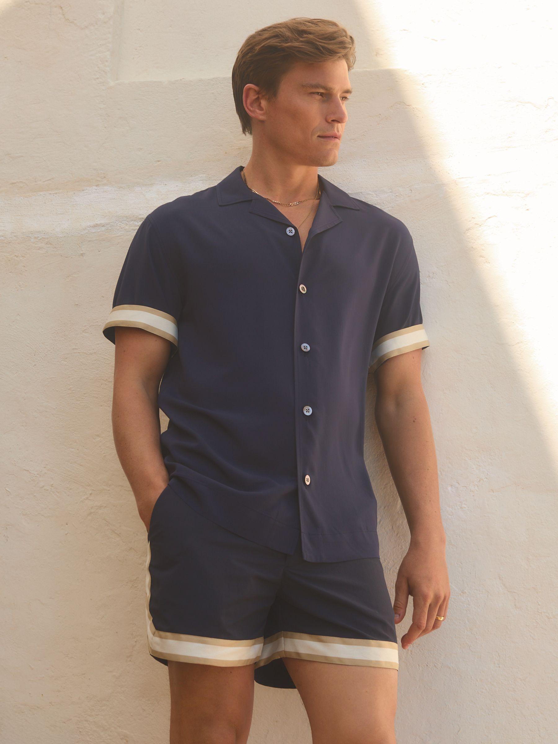 Reiss | Ché Cuff Detail Cuban Collar Shirt in Navy