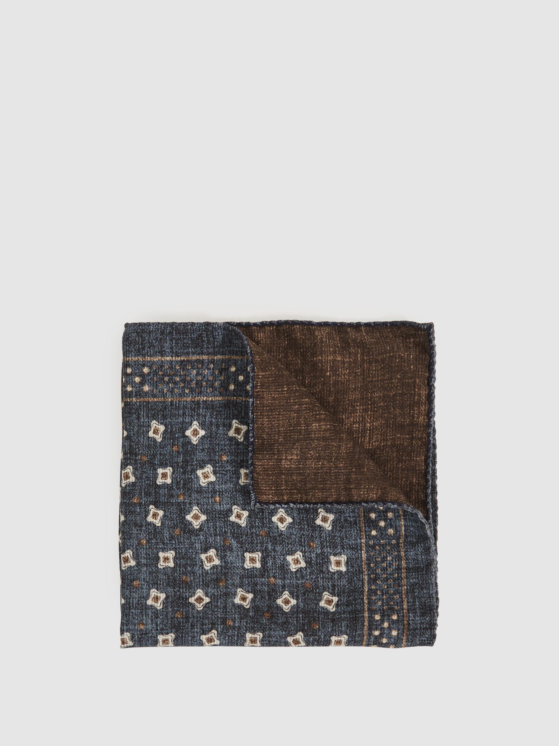 Silk Floral-Medallion Pocket Square in Denim Blue Melange