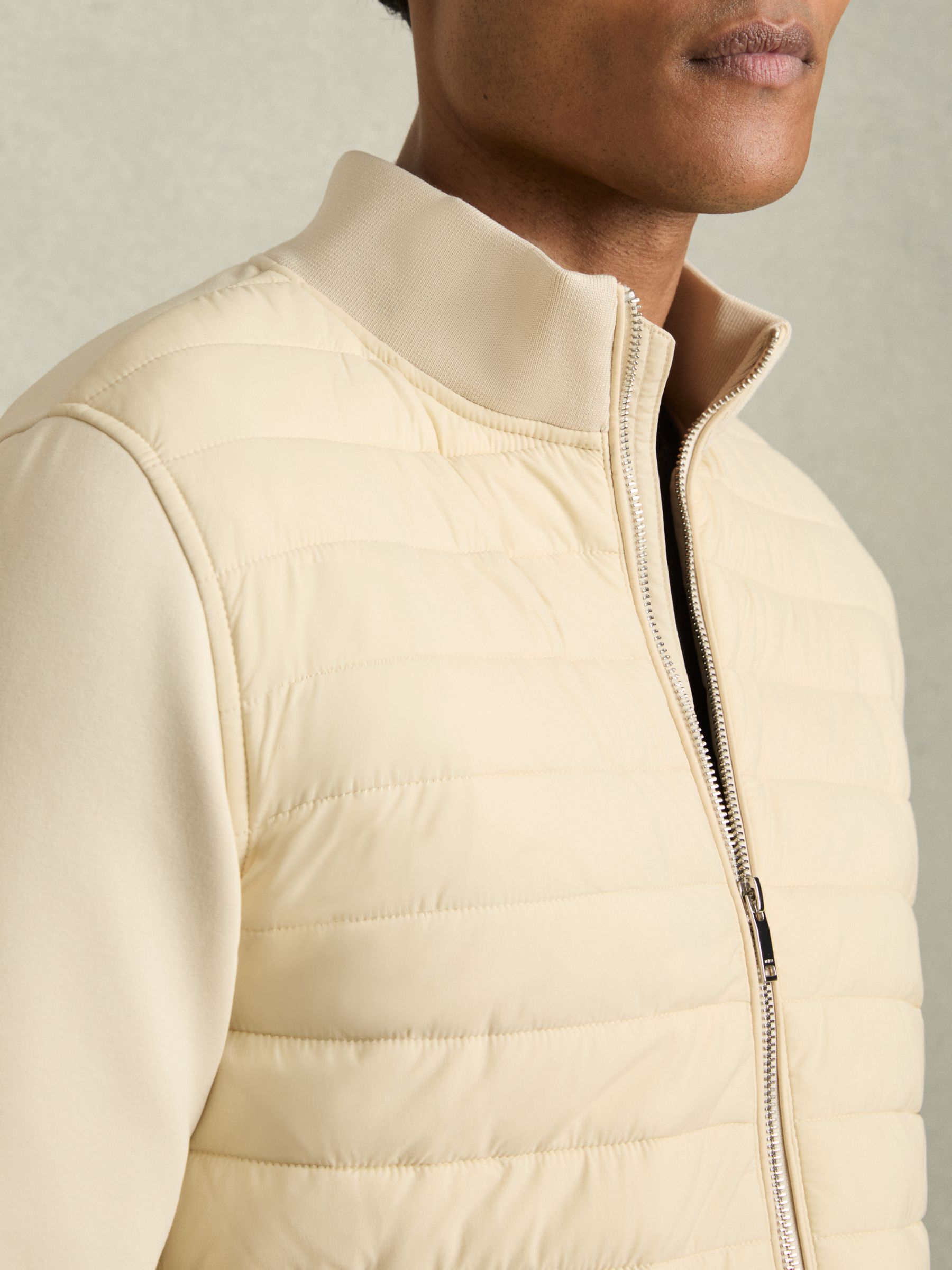 Hybrid Quilt and Knit Zip-Through Jacket in Light Stone