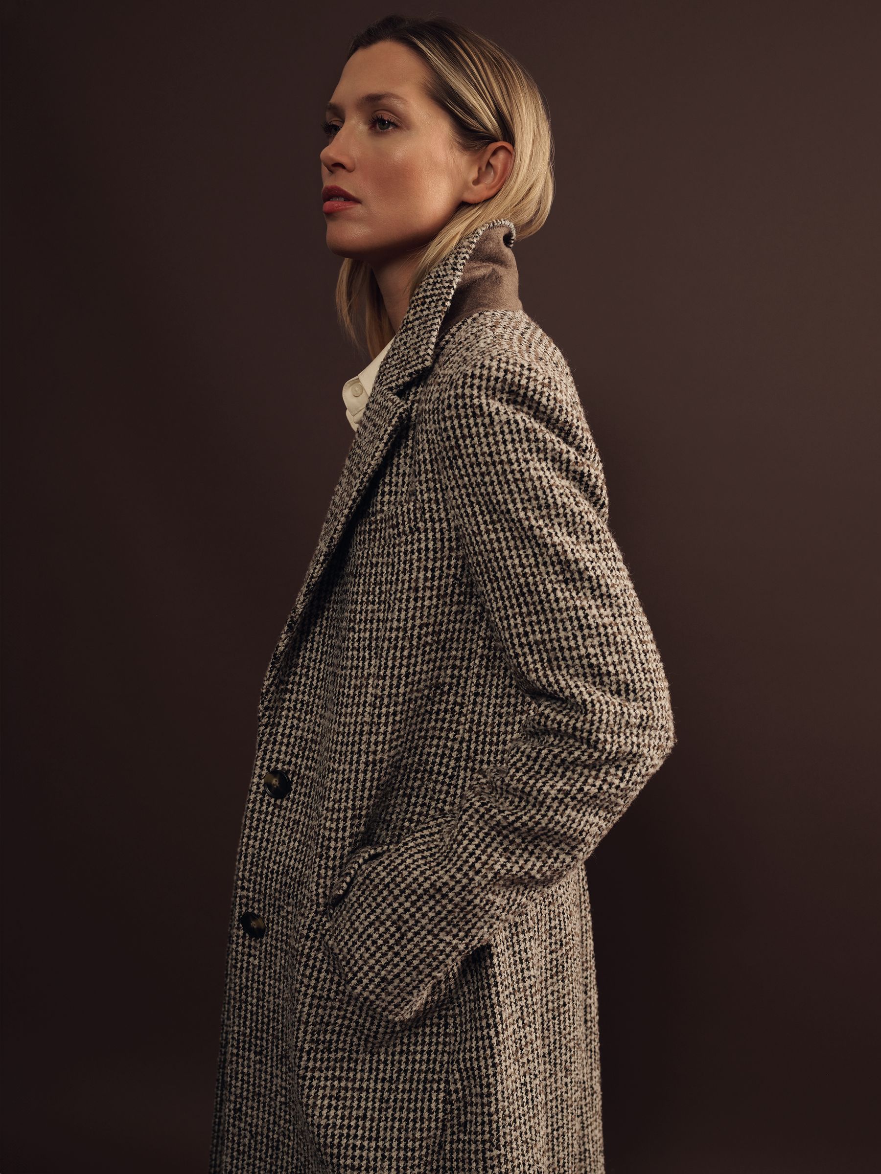 Wool-Blend Houndstooth-Check Coat in Brown Check