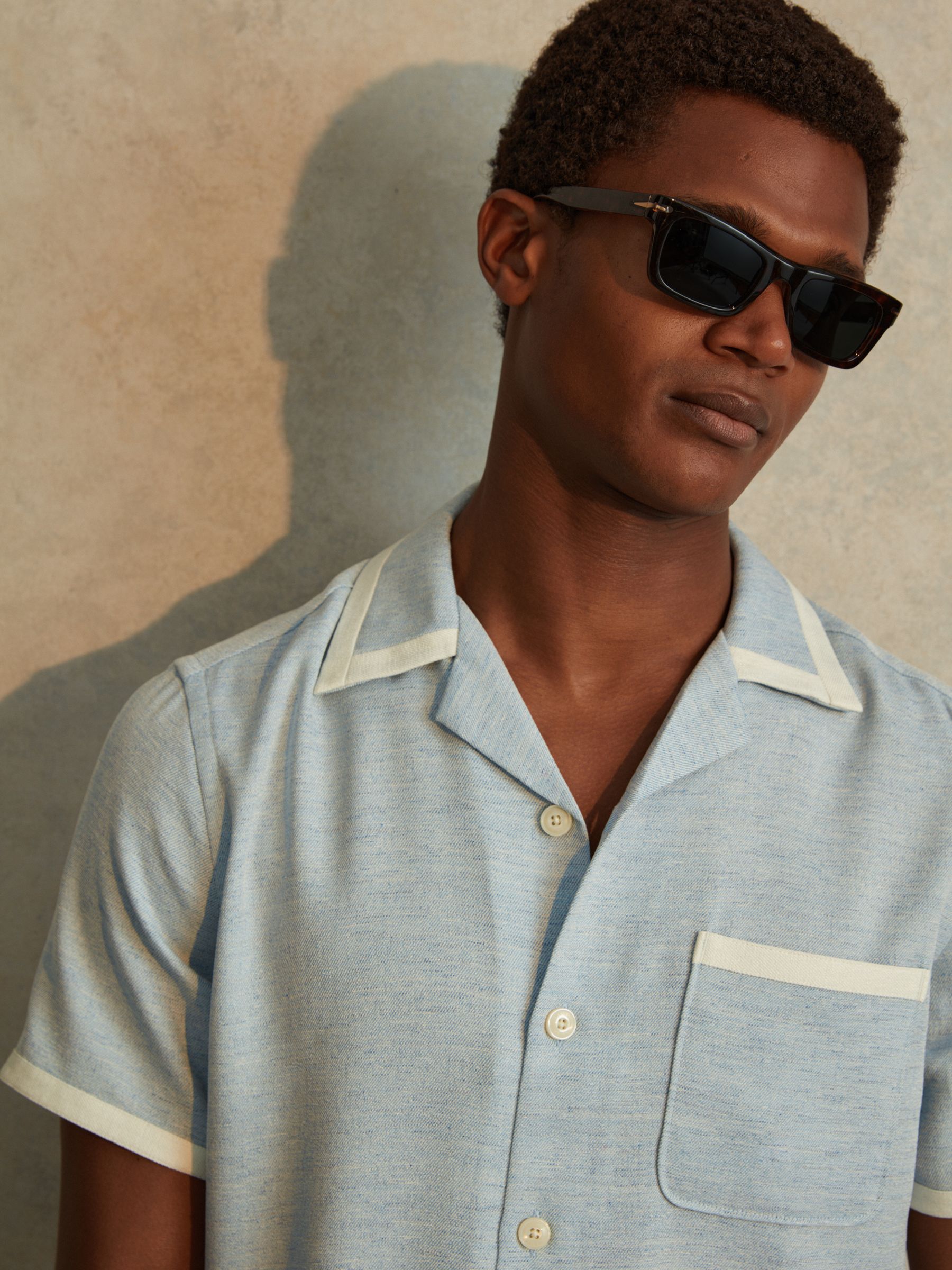Contrast Trim Cuban Collar Shirt in Soft Blue/White