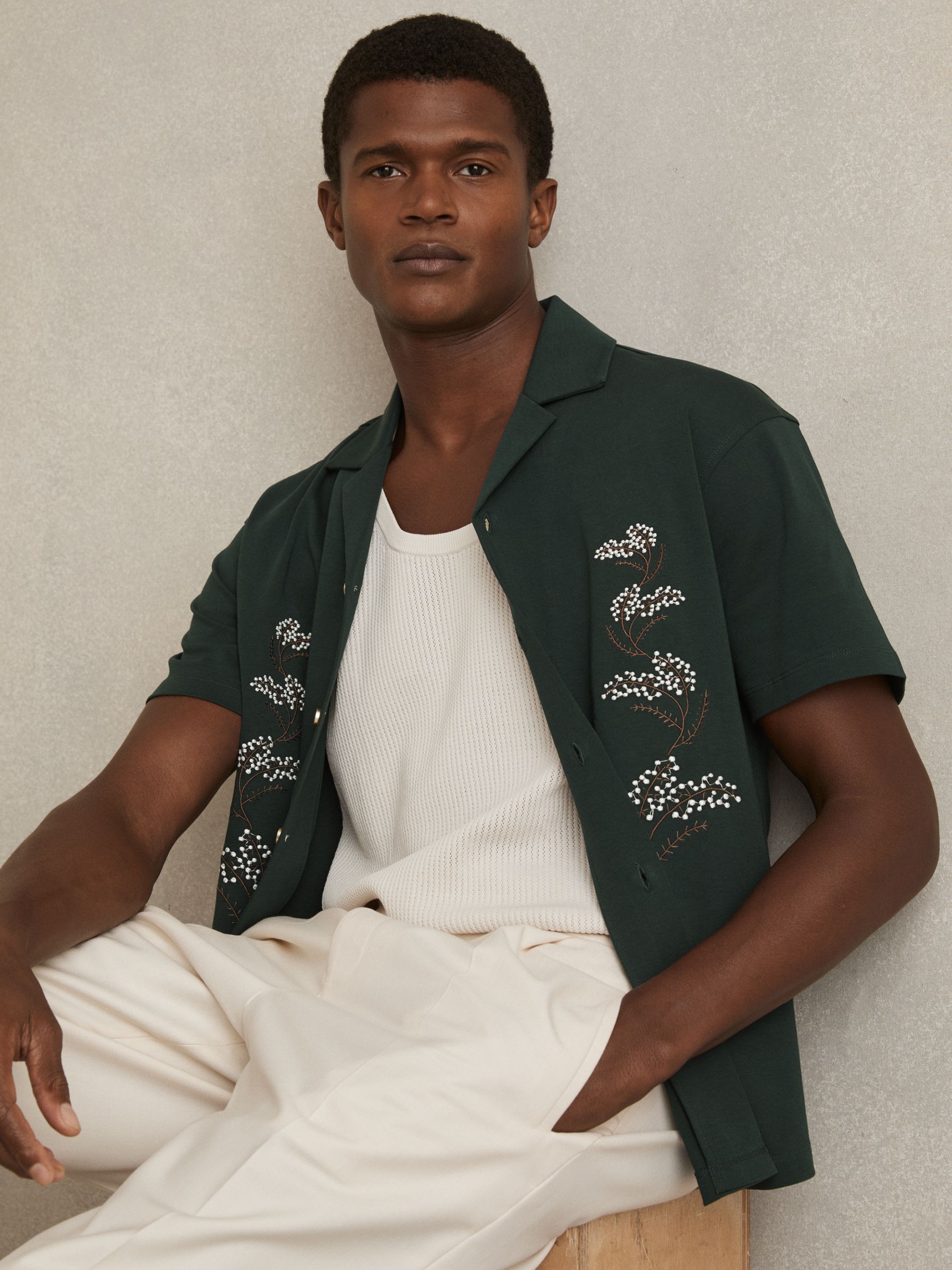 Cotton Floral Embroidered Shirt in Dark Green