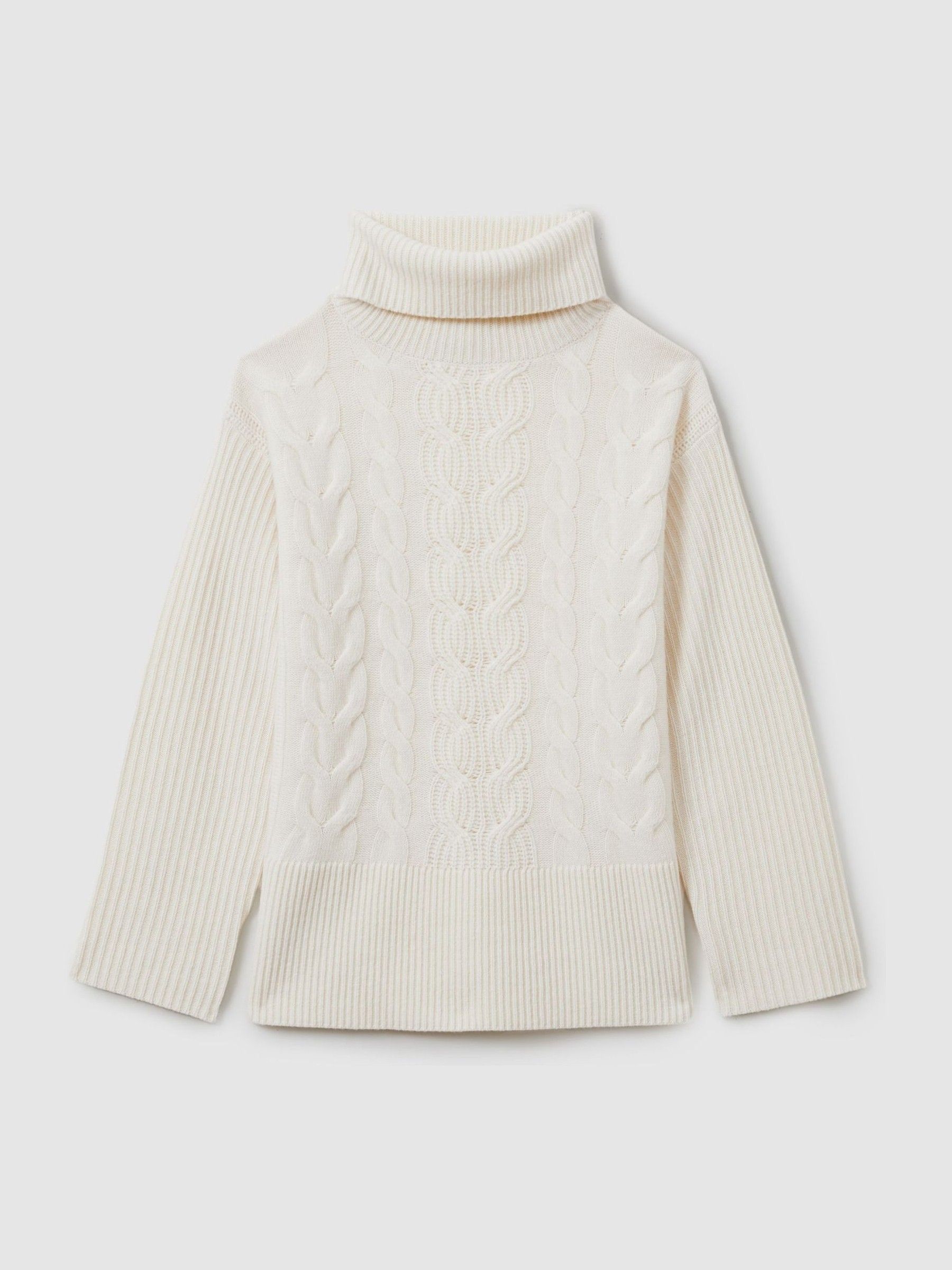 Wool-Cashmere Cable Knit Roll Neck Jumper in Cream