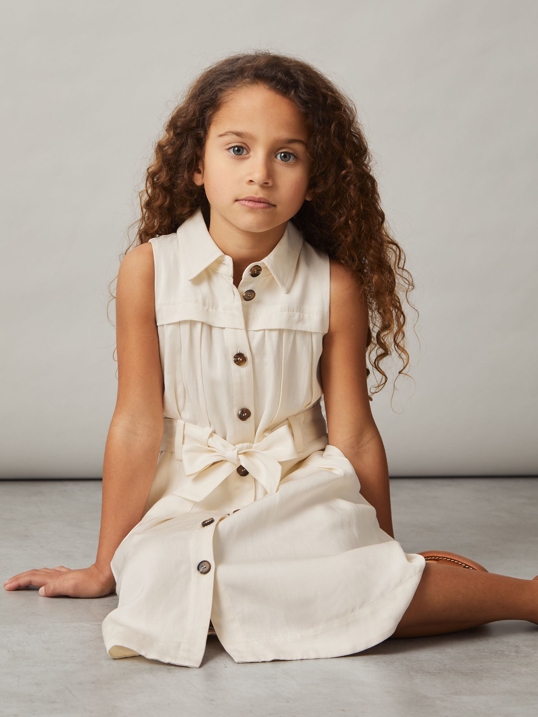 13-14 yrs Tie-Waist Collared Dress in Ivory