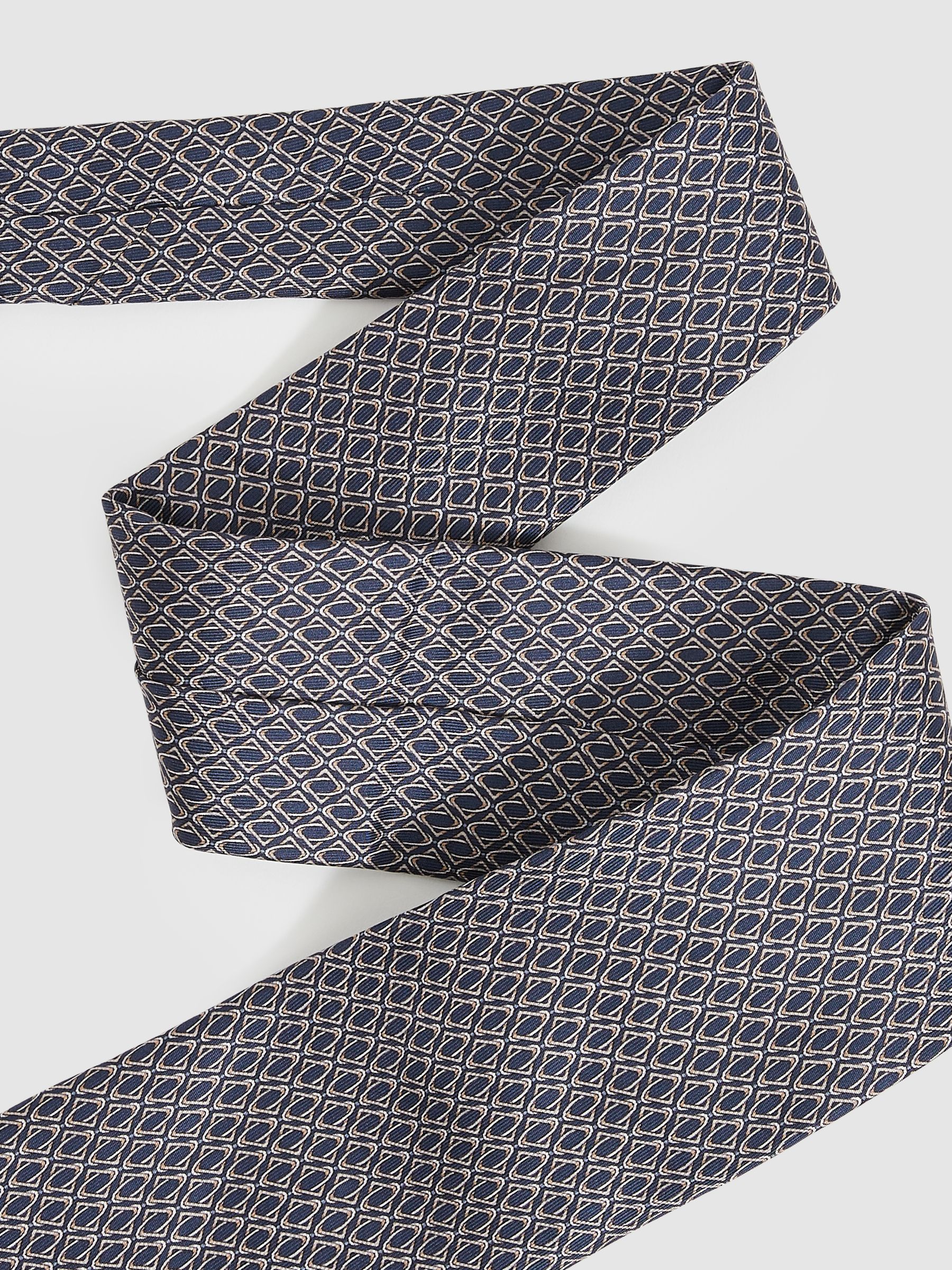 Silk Geometric-Print Tie in Navy