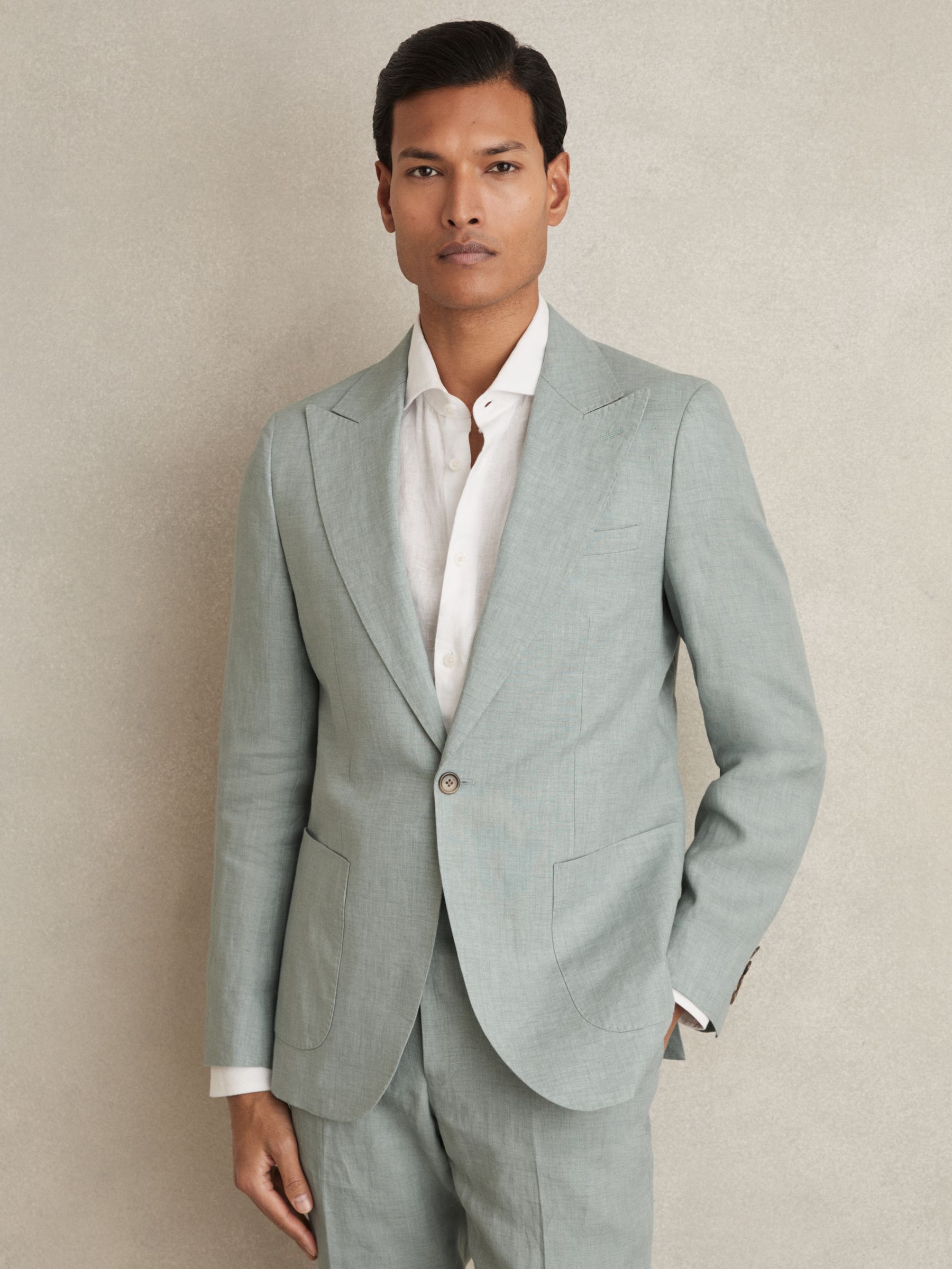 Linen Single-Breasted Suit Blazer Slim-Fit in Ocean Green