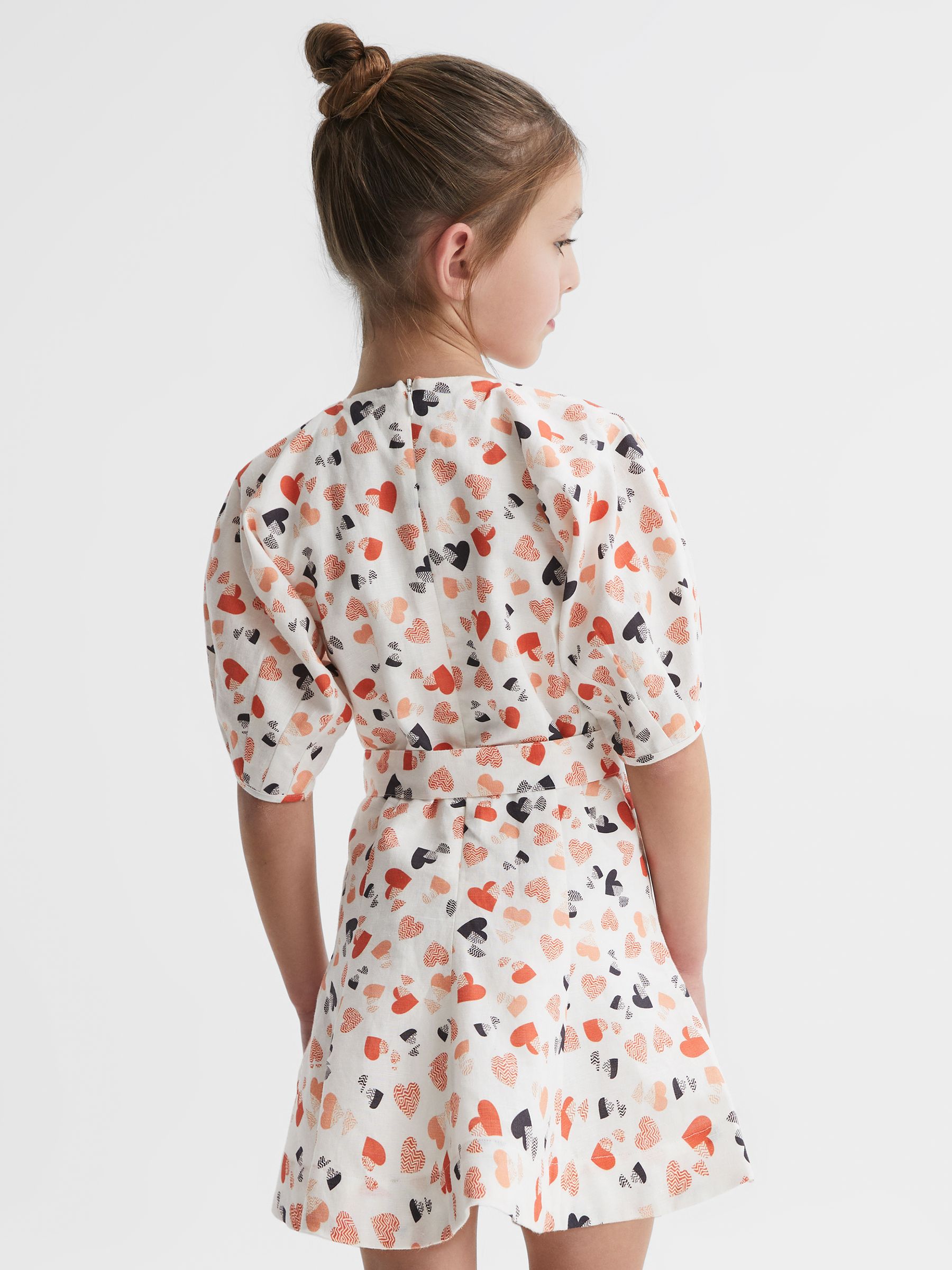 4-9 yrs Heart Print Linen Mini Dress in Ivory Print