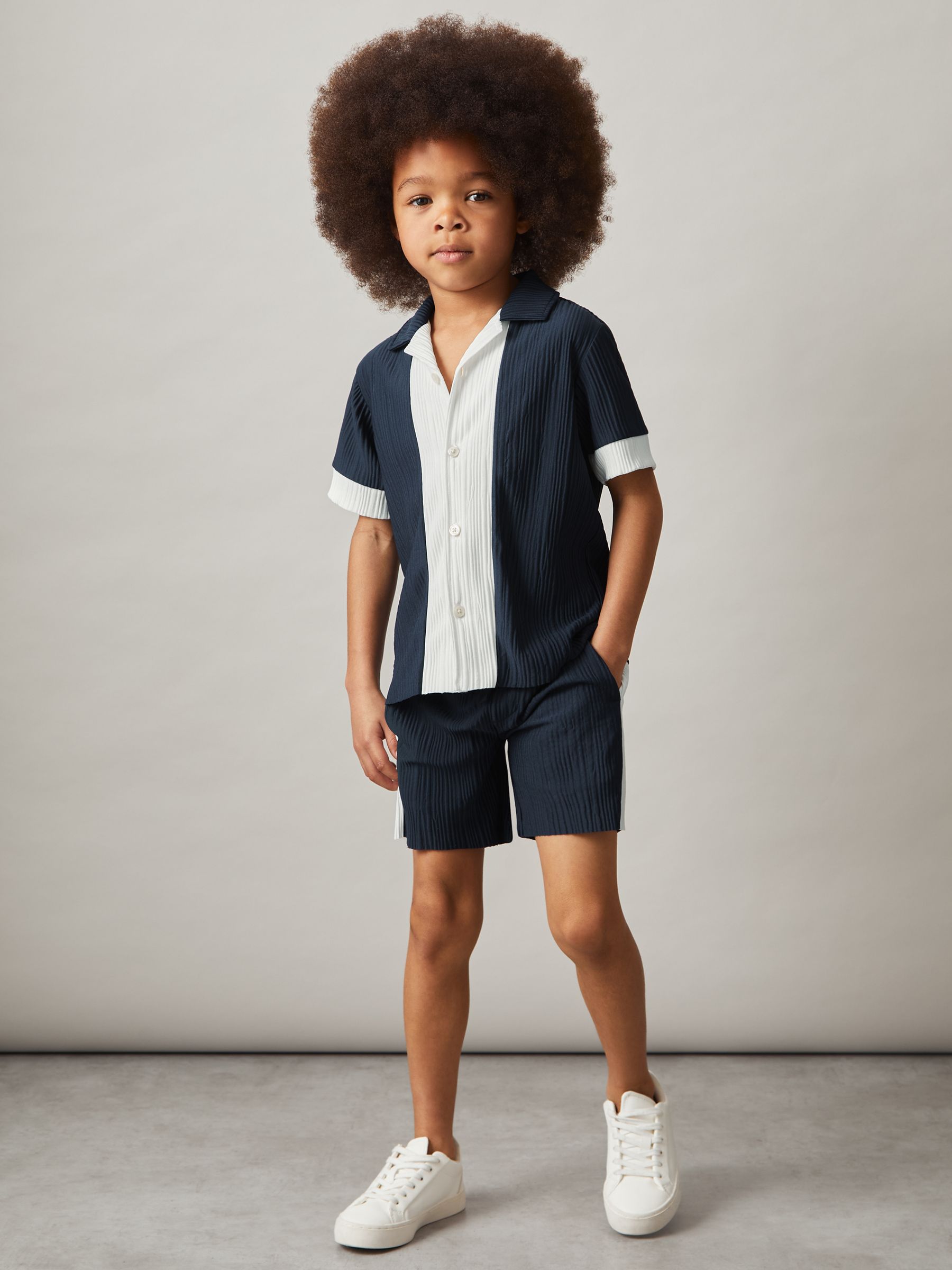 3-9 yrs Plissé Colour-Block Shirt in Navy/White