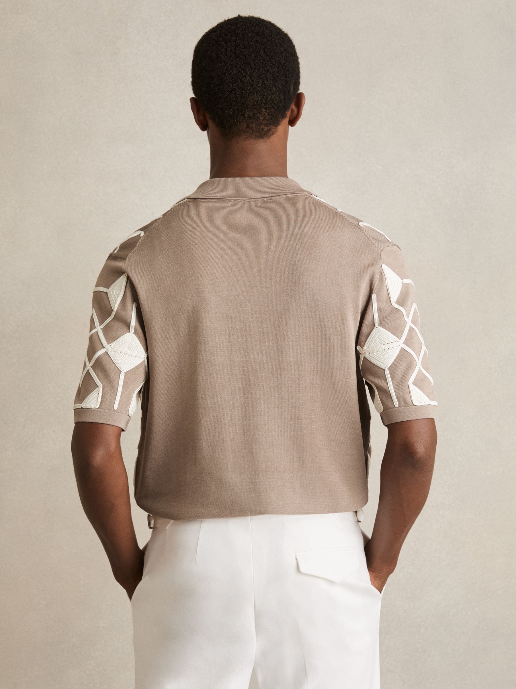 Geometric Embroidery Knit Shirt in Taupe Brown