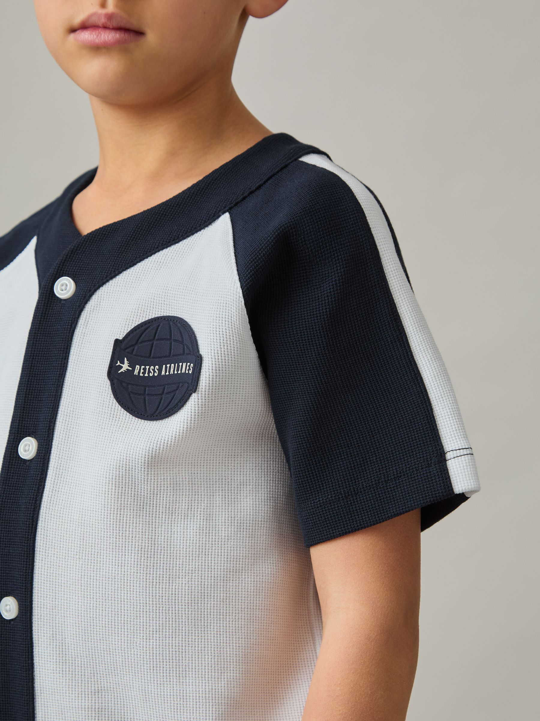 9-13 yrs Cotton Waffle-Knit Badge Shirt in Off White/Navy