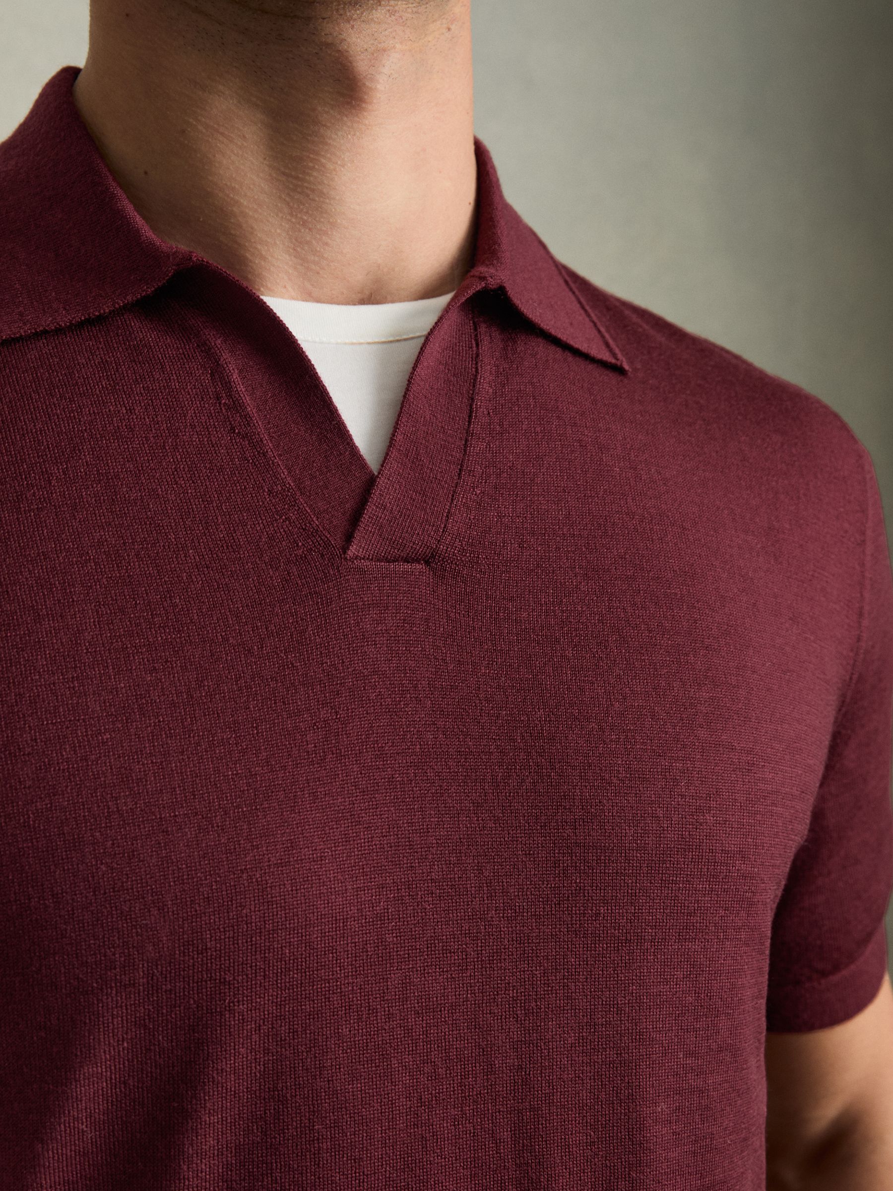 Merino Wool Open Collar Polo Shirt in Claret Red