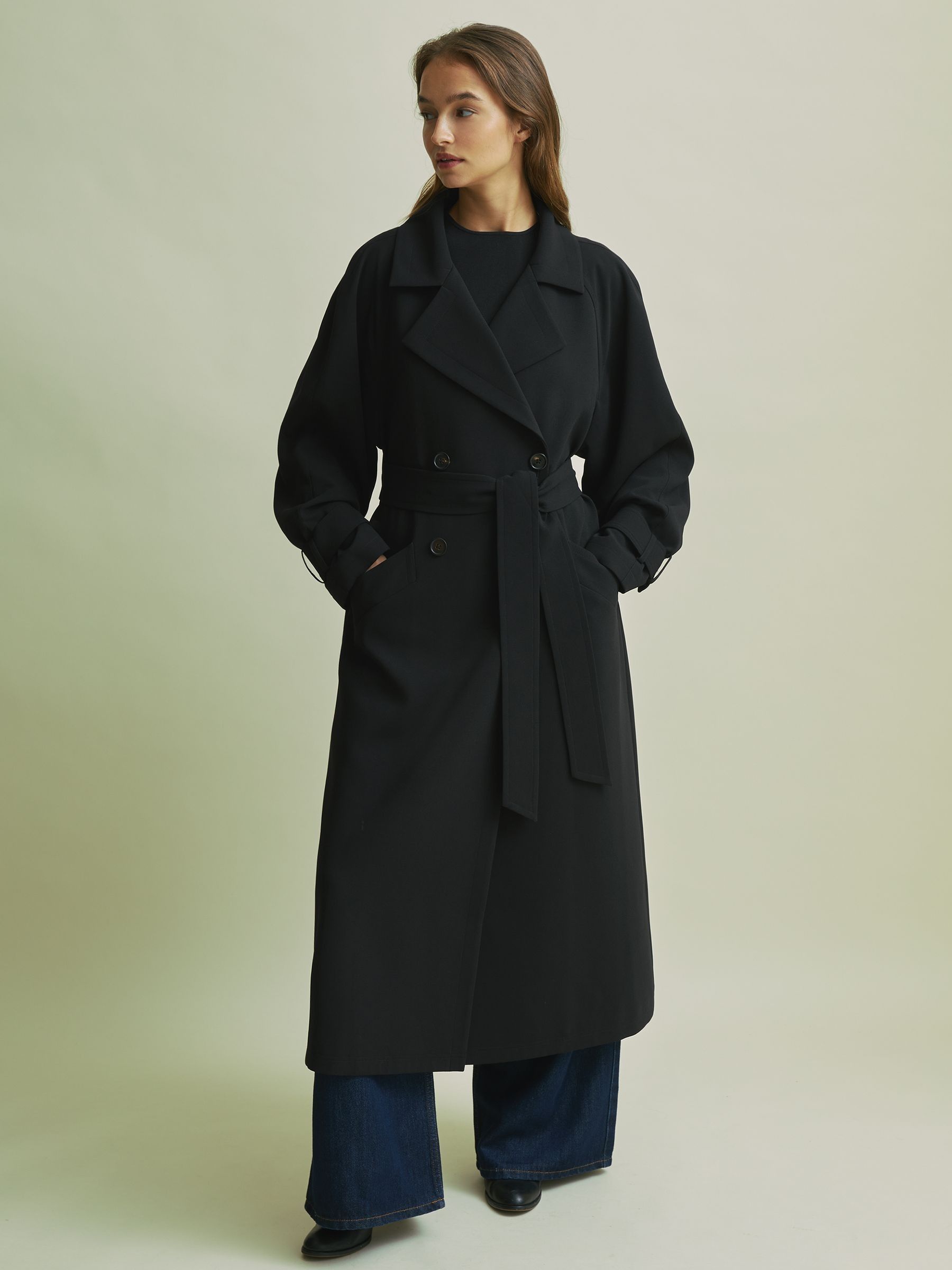 Florere Double Breasted Belted Trench Coat in Black