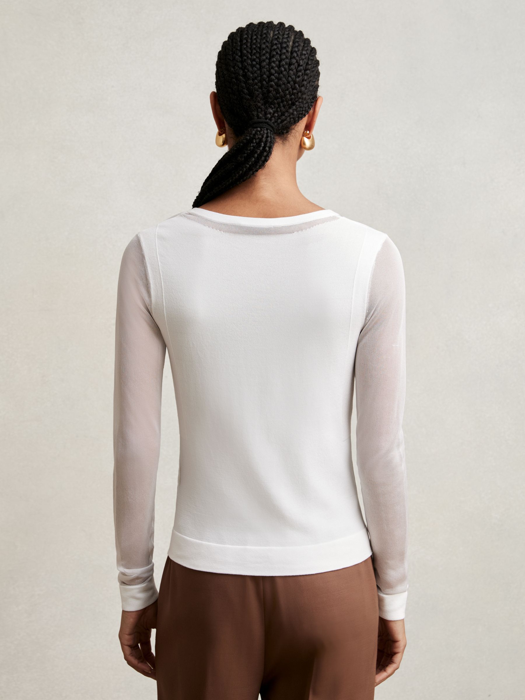 Sheer-Detail V-Neck Top in White