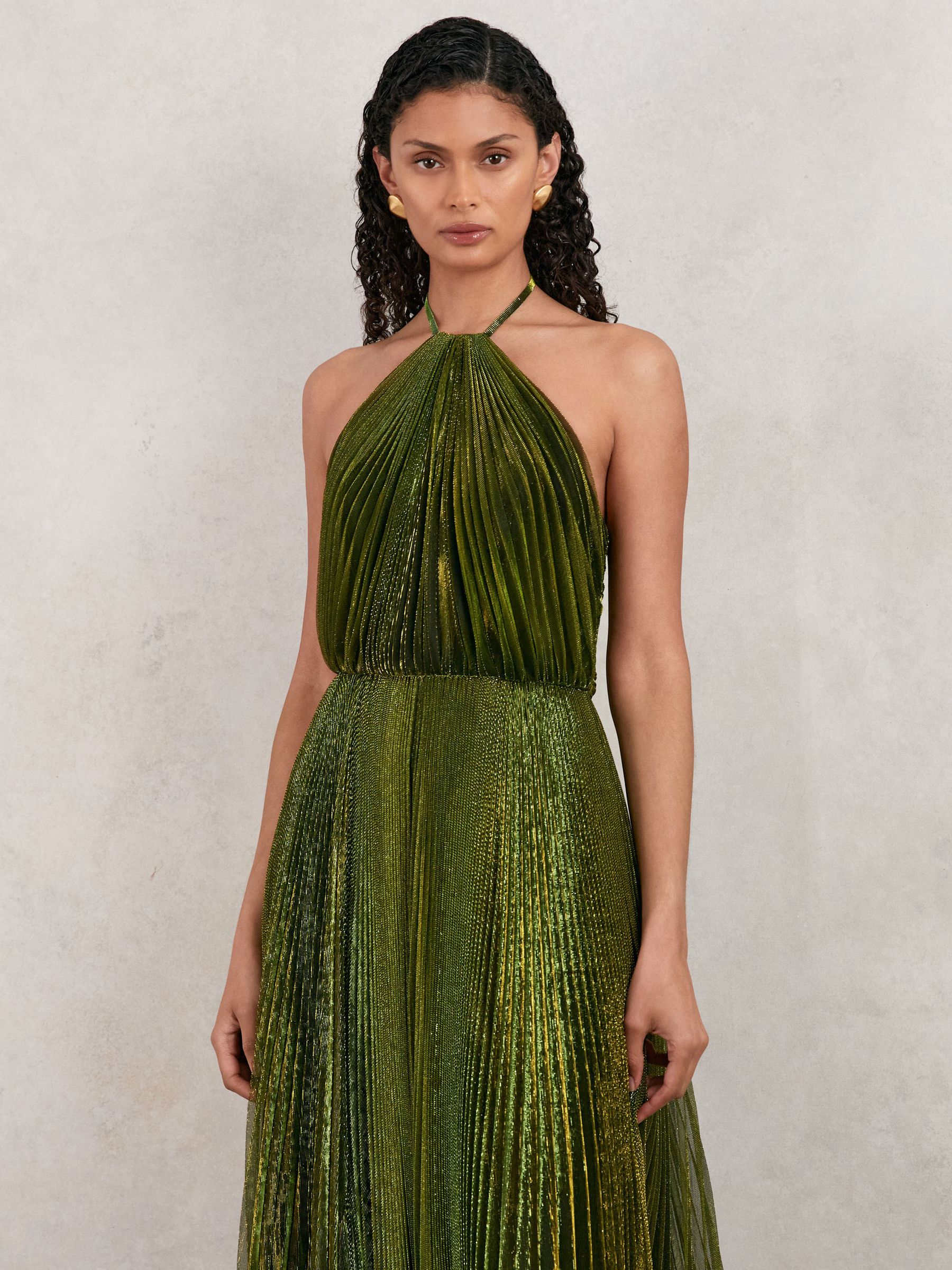 Halston Metallic Pleated Maxi Dress in Dark Olive Green