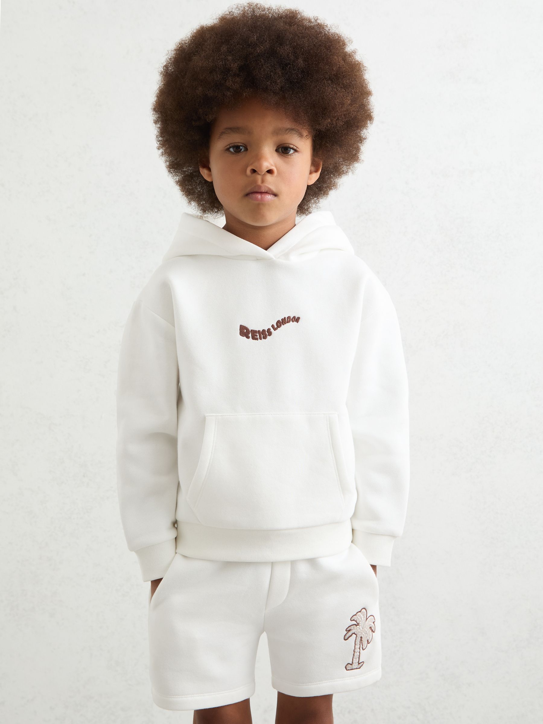 13-14 yrs Cotton-Blend Palm-Embroidered Hoodie in Off White
