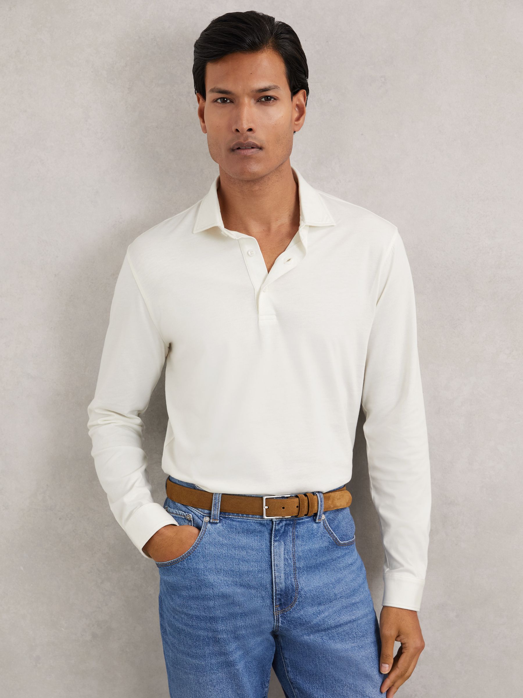 Cotton-Jersey Long Sleeve Polo Shirt in White