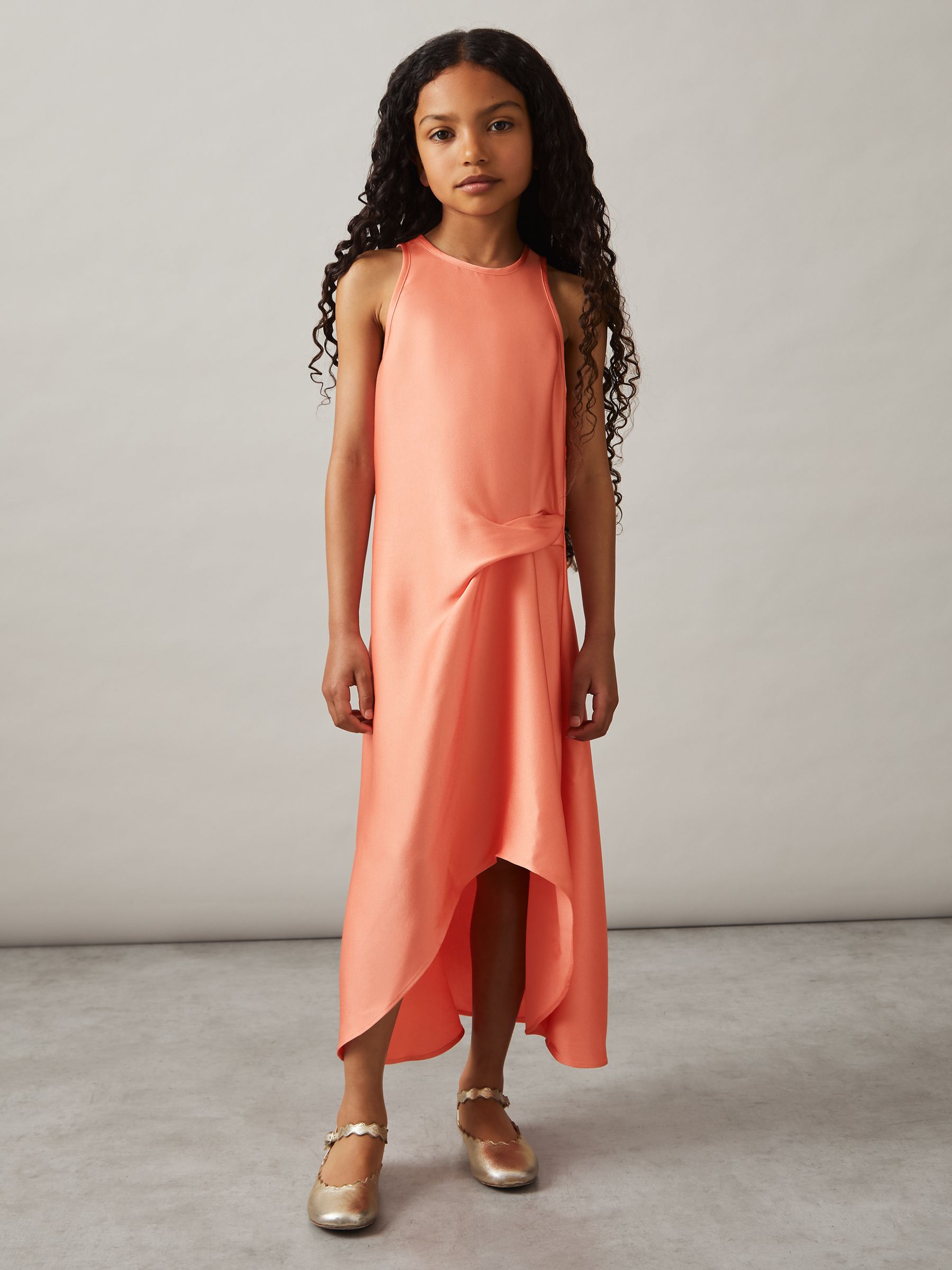 13-14 yrs Satin Drape Tuck Midi Dress in Coral
