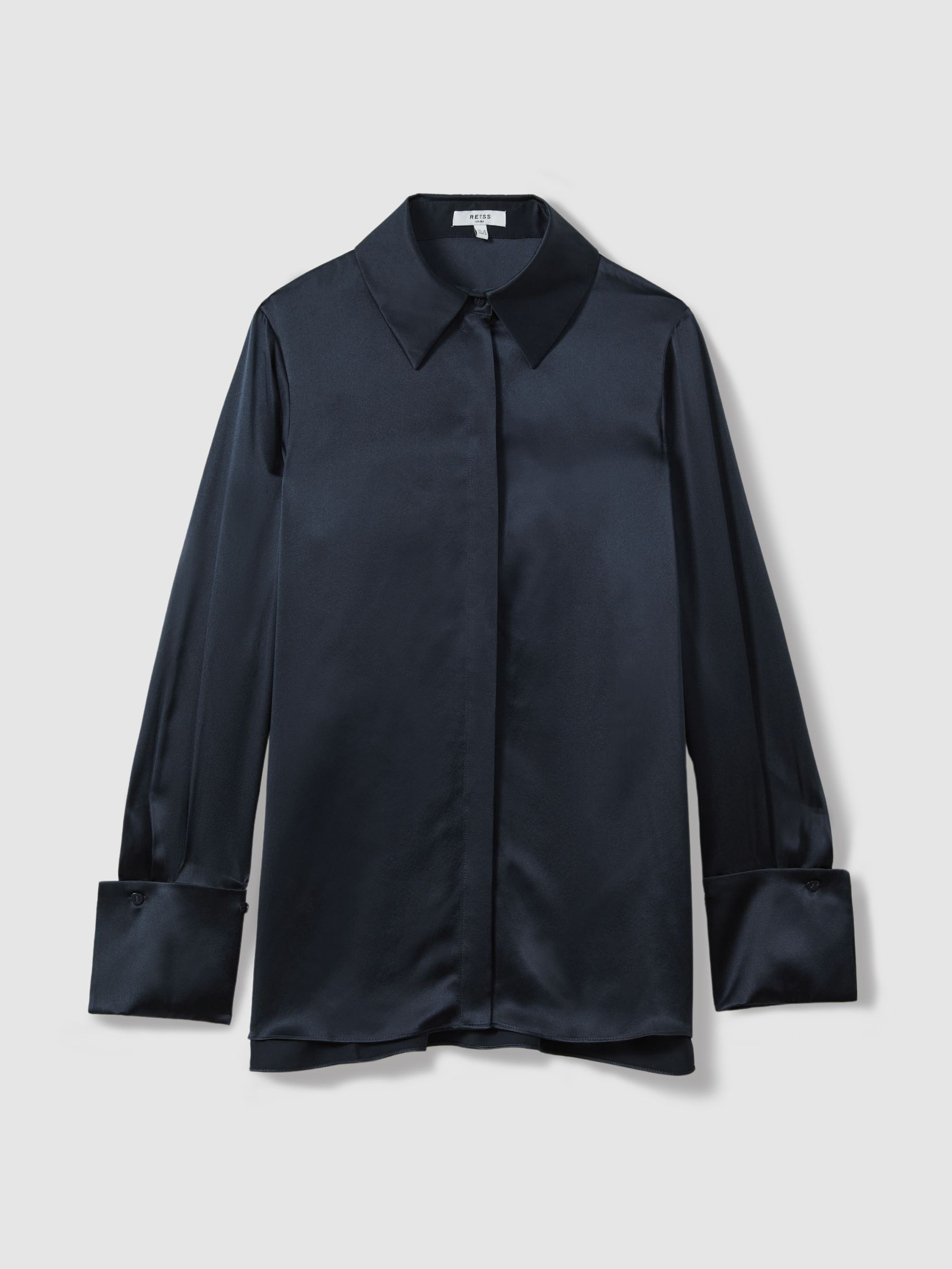 Silk Double-Cuff Button-Through Shirt in Navy