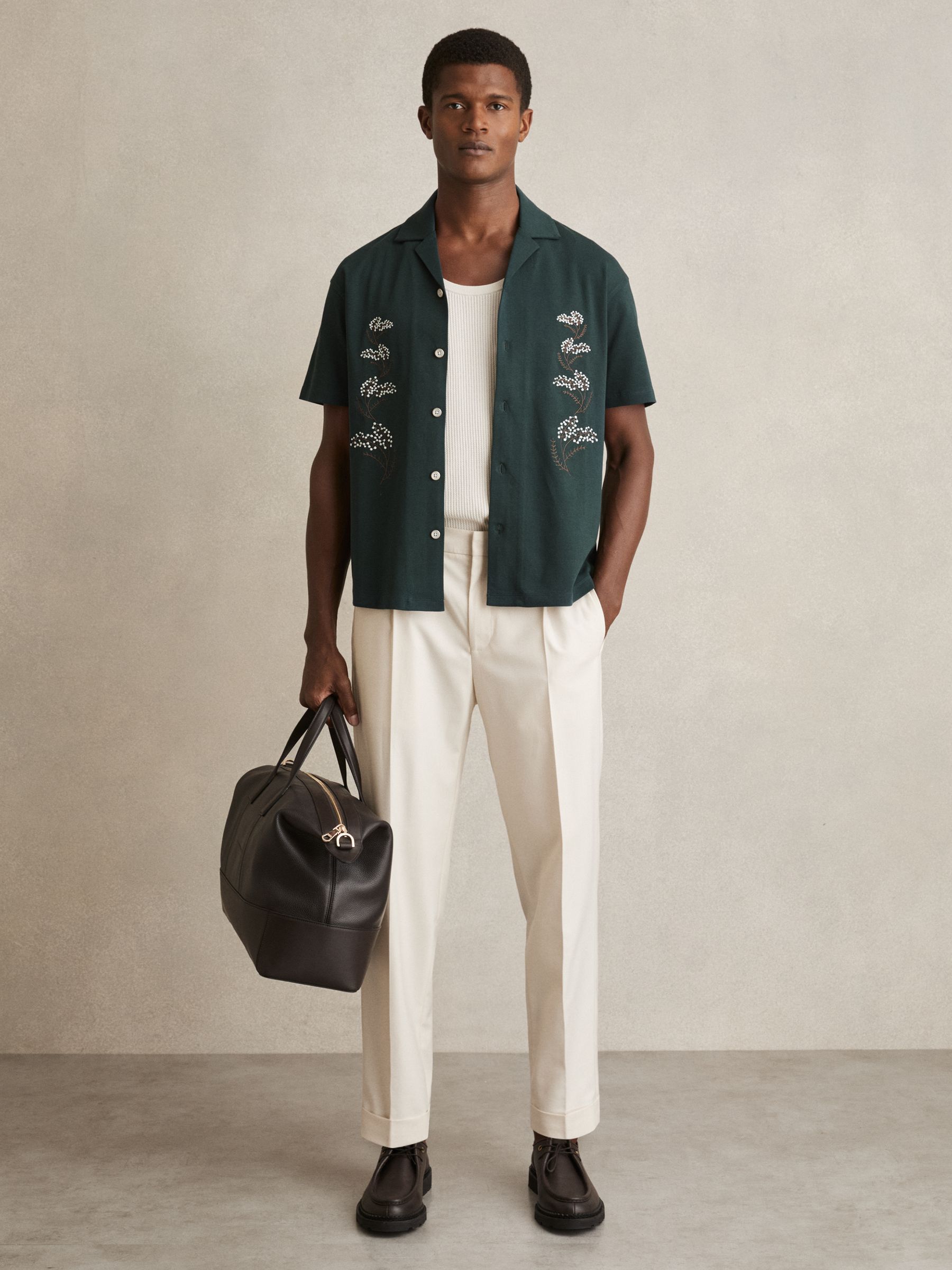 Cotton Floral Embroidered Shirt in Dark Green