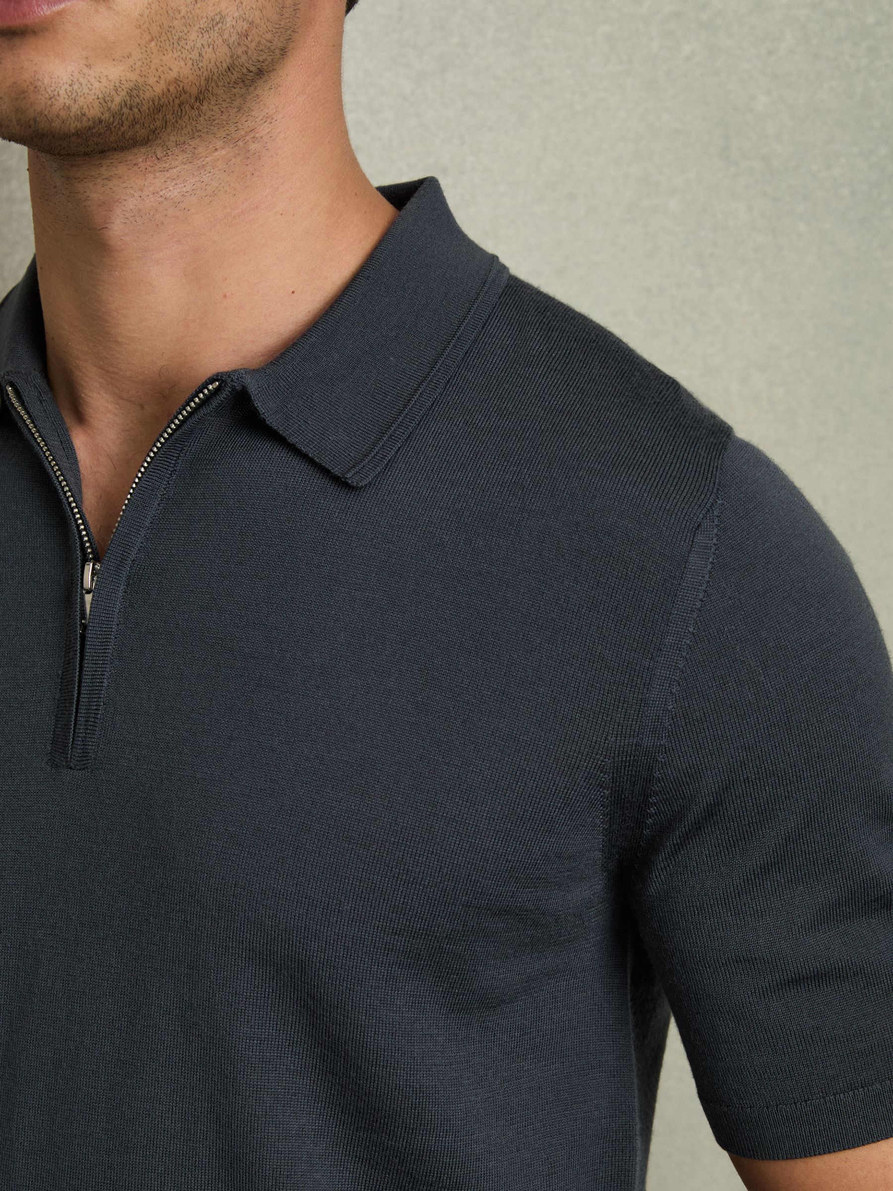 Merino Wool Half-Zip Polo Shirt in Blackened Blue