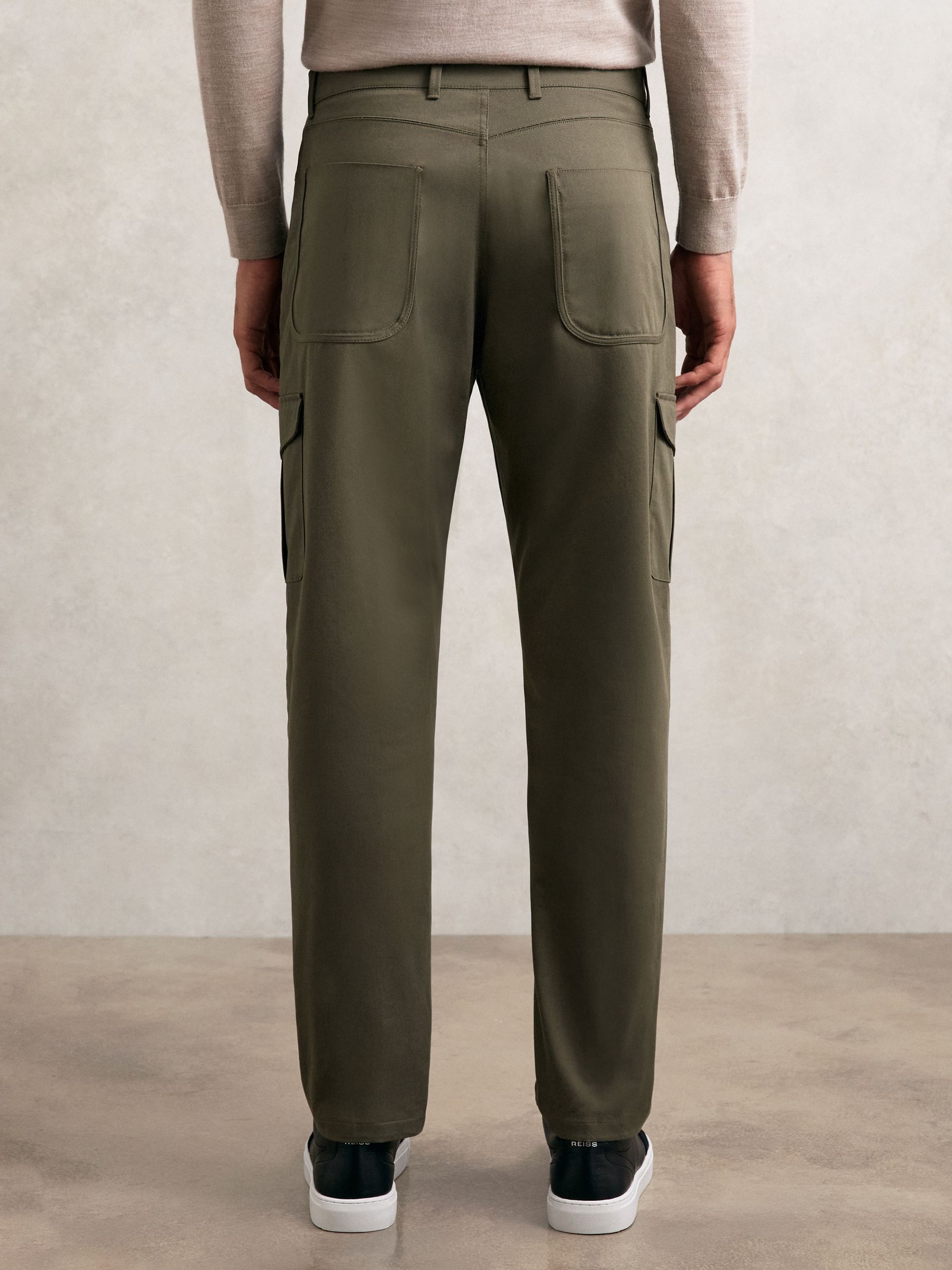 Cotton Tapered Cargo Trousers With Stretch in Olive Green