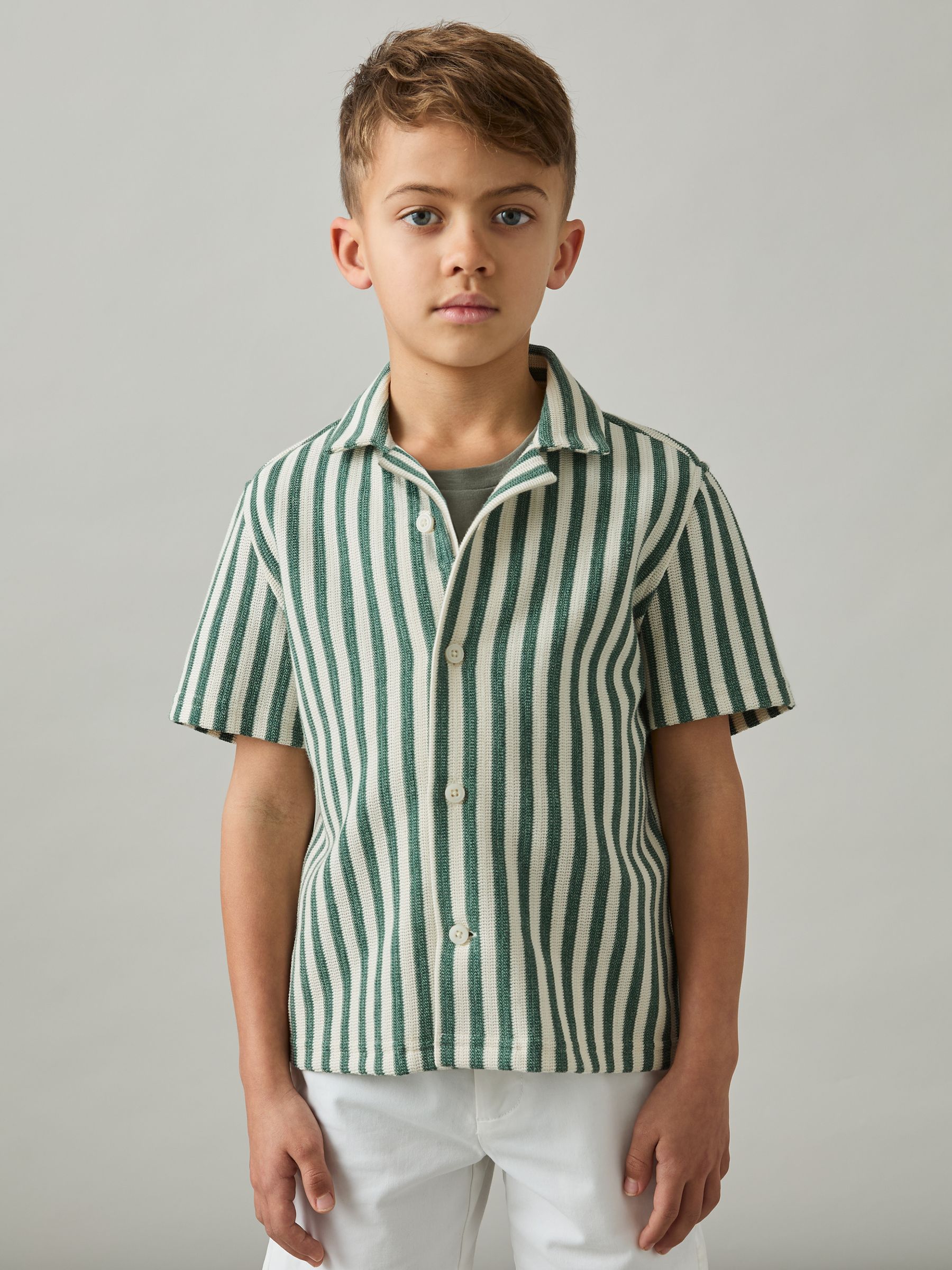 3-9 yrs Textured Stripe Cuban-Collar Shirt in Green/White