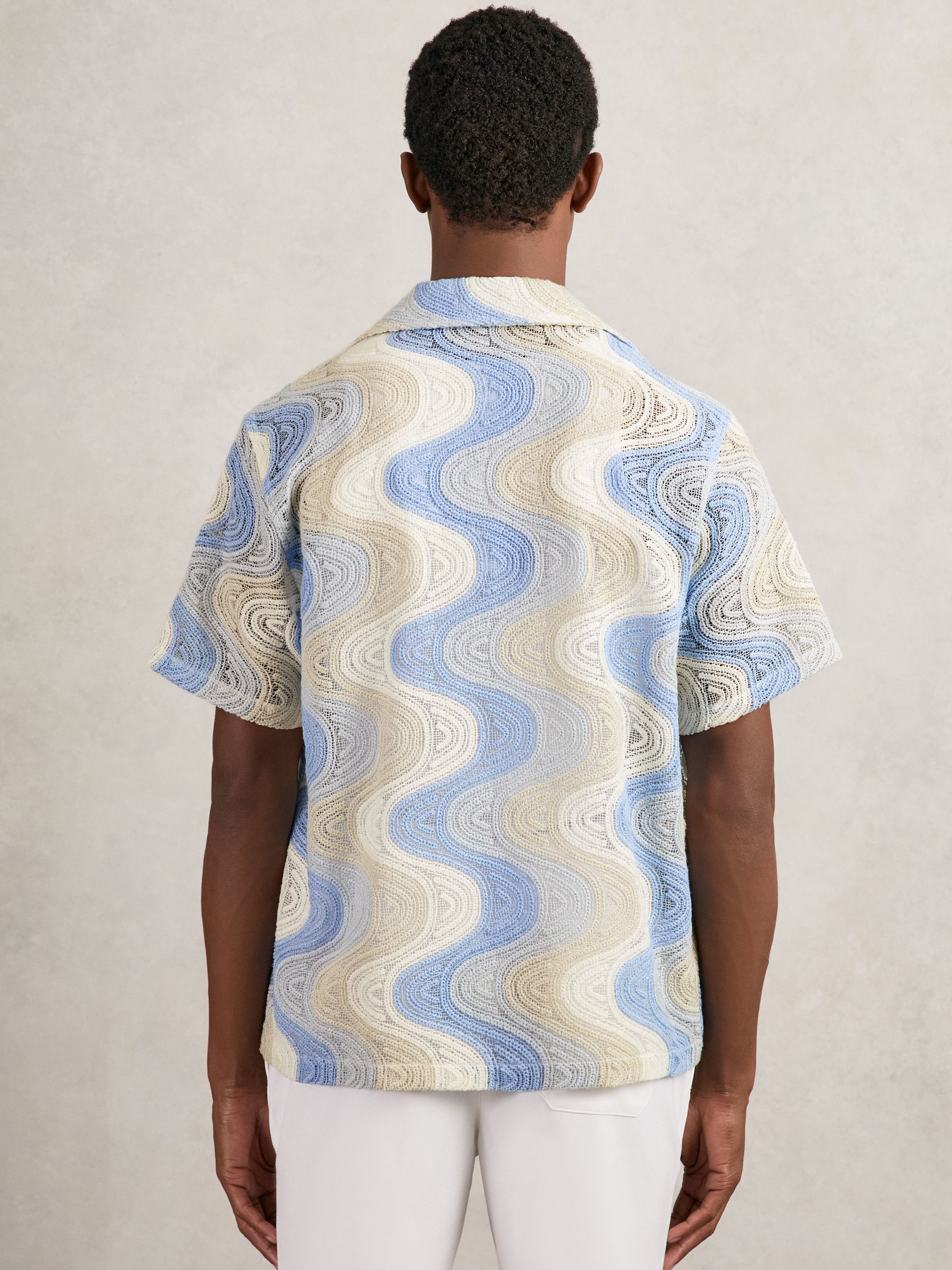 Wave Crochet Cuban Collar Shirt in Blue Multi