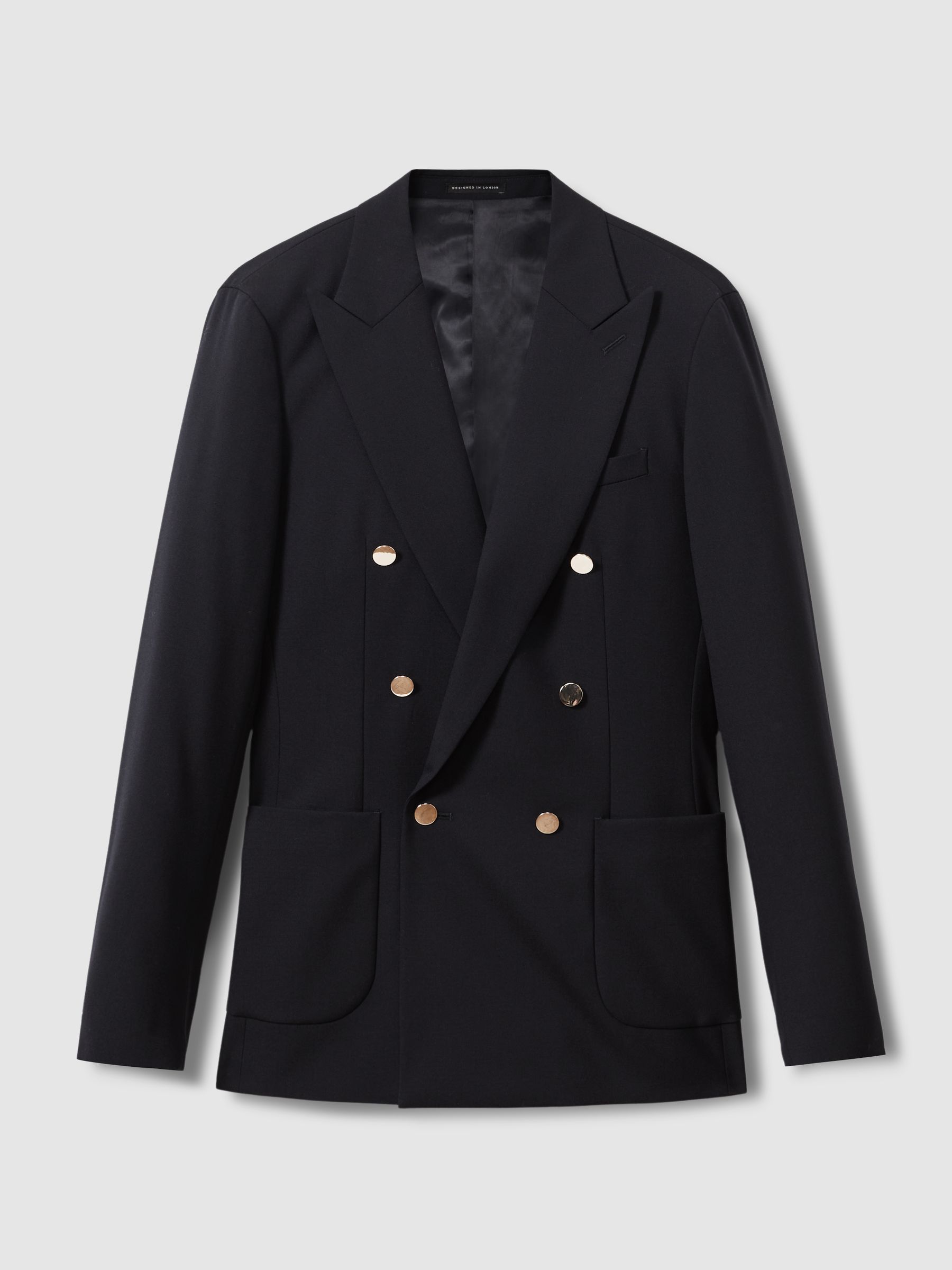 Slim Fit Wool Double Breasted Blazer in Dark Navy
