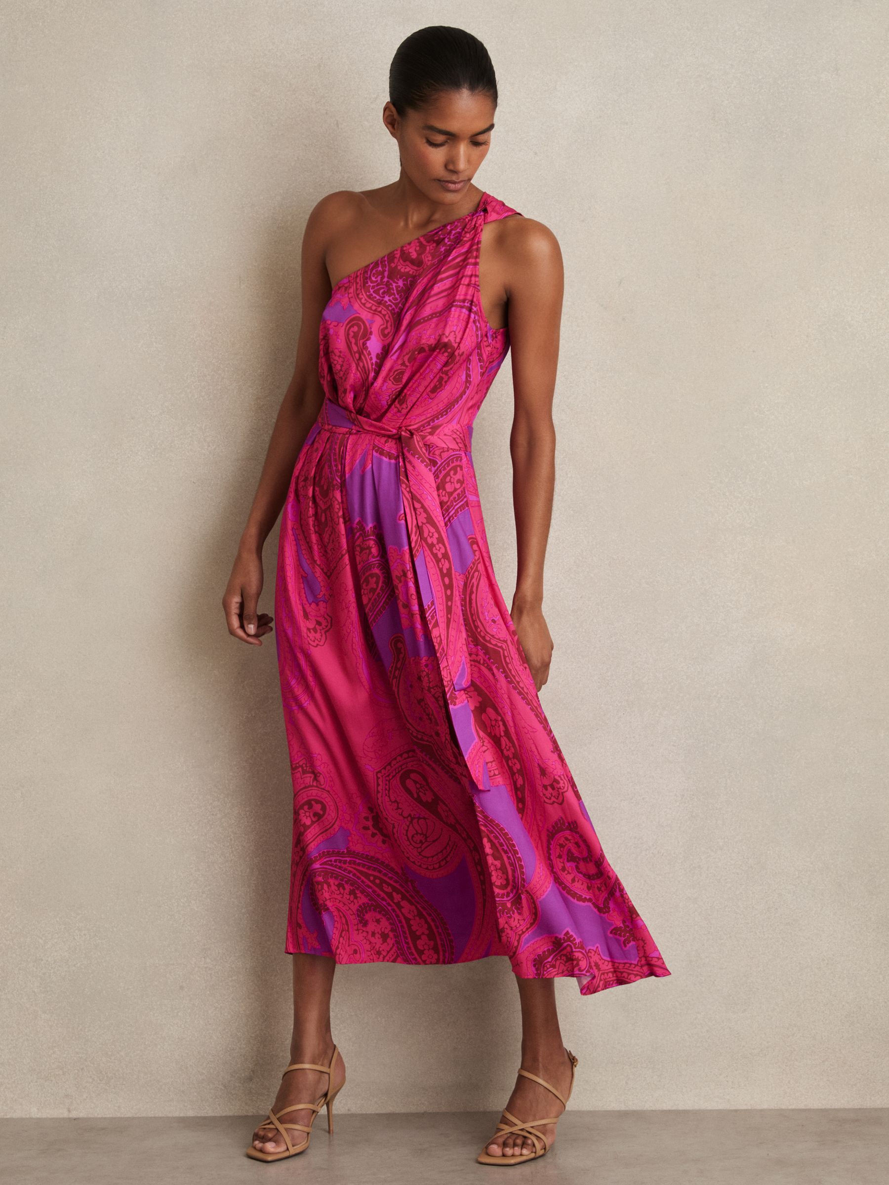 Paisley-Print One-Shoulder Midi Dress in Pink