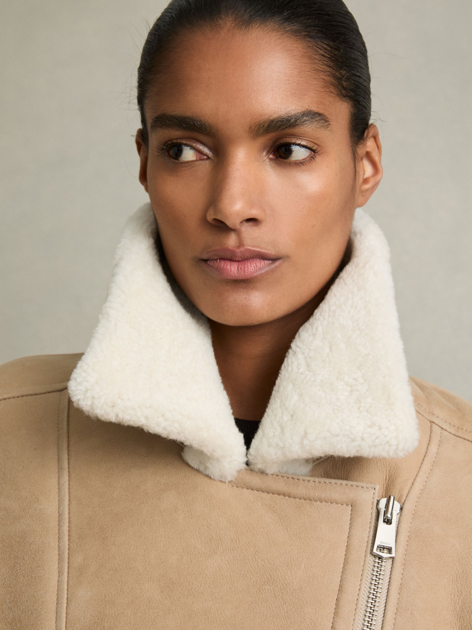 Shearling-Lined Leather Aviator Jacket in Neutral