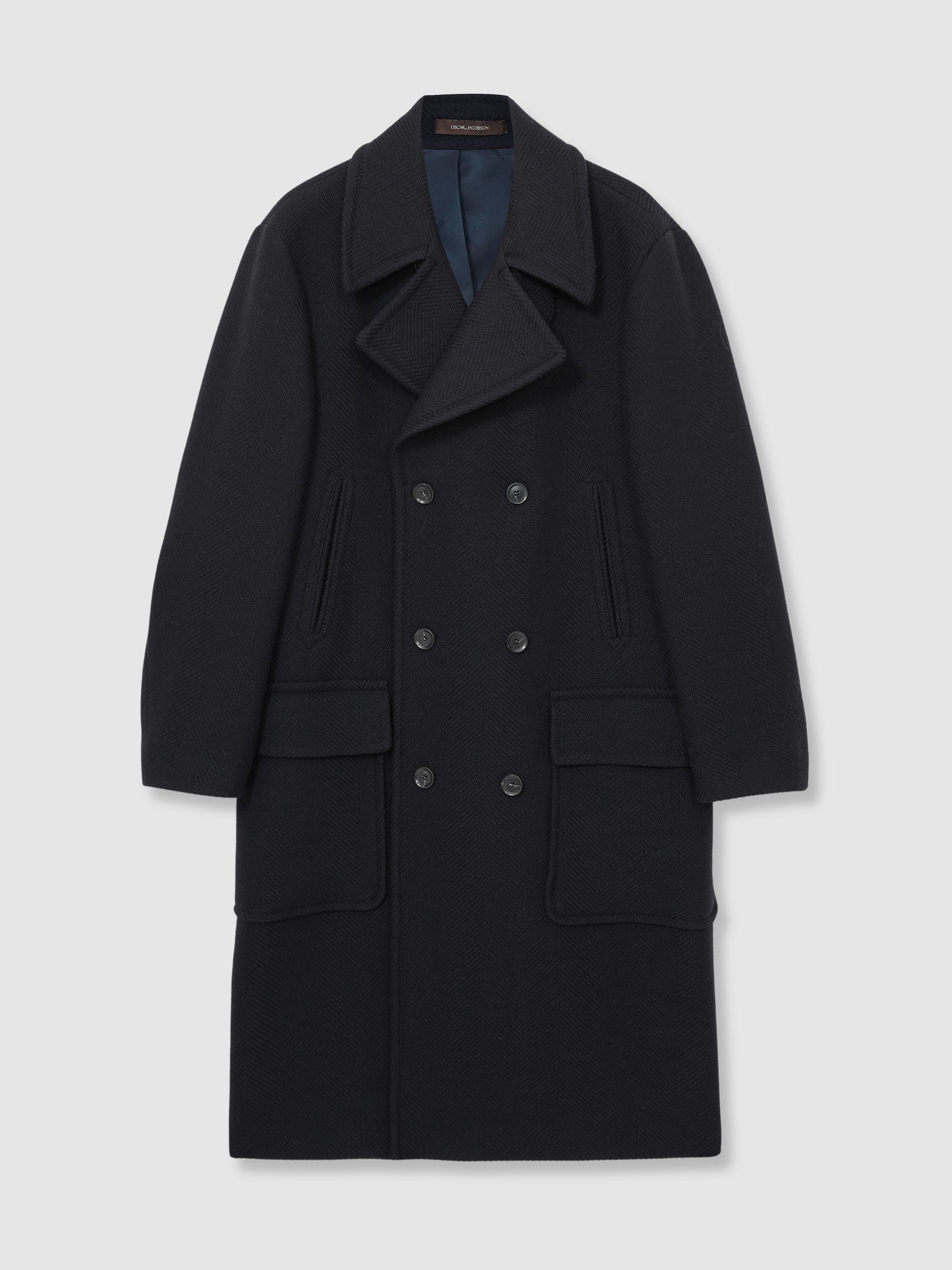 Oscar Jacobson Wool Herringbone Double-Breasted Coat in Navy