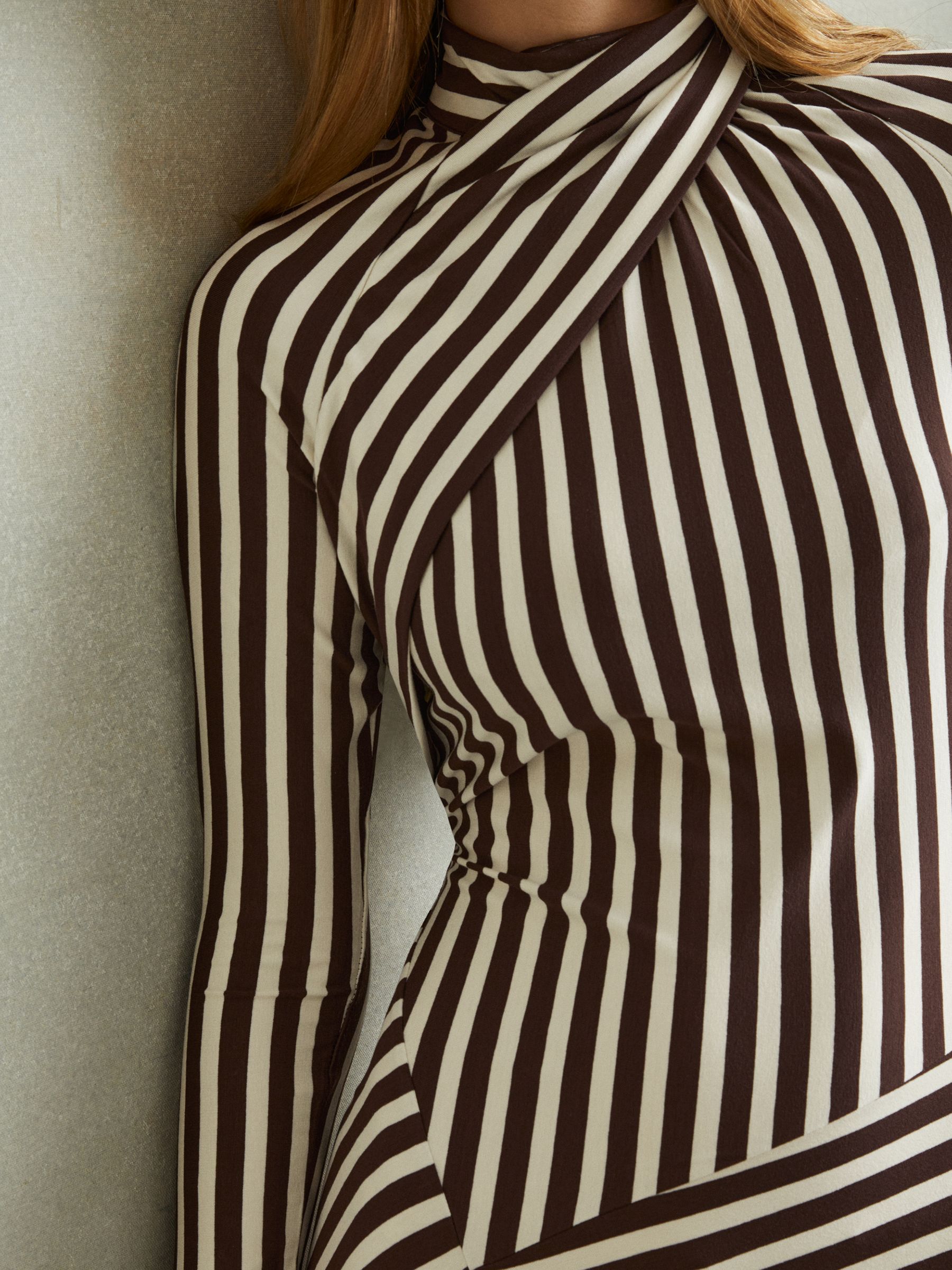 Cat Brown/Cream Striped Jersey Asymmetric Midi Dress